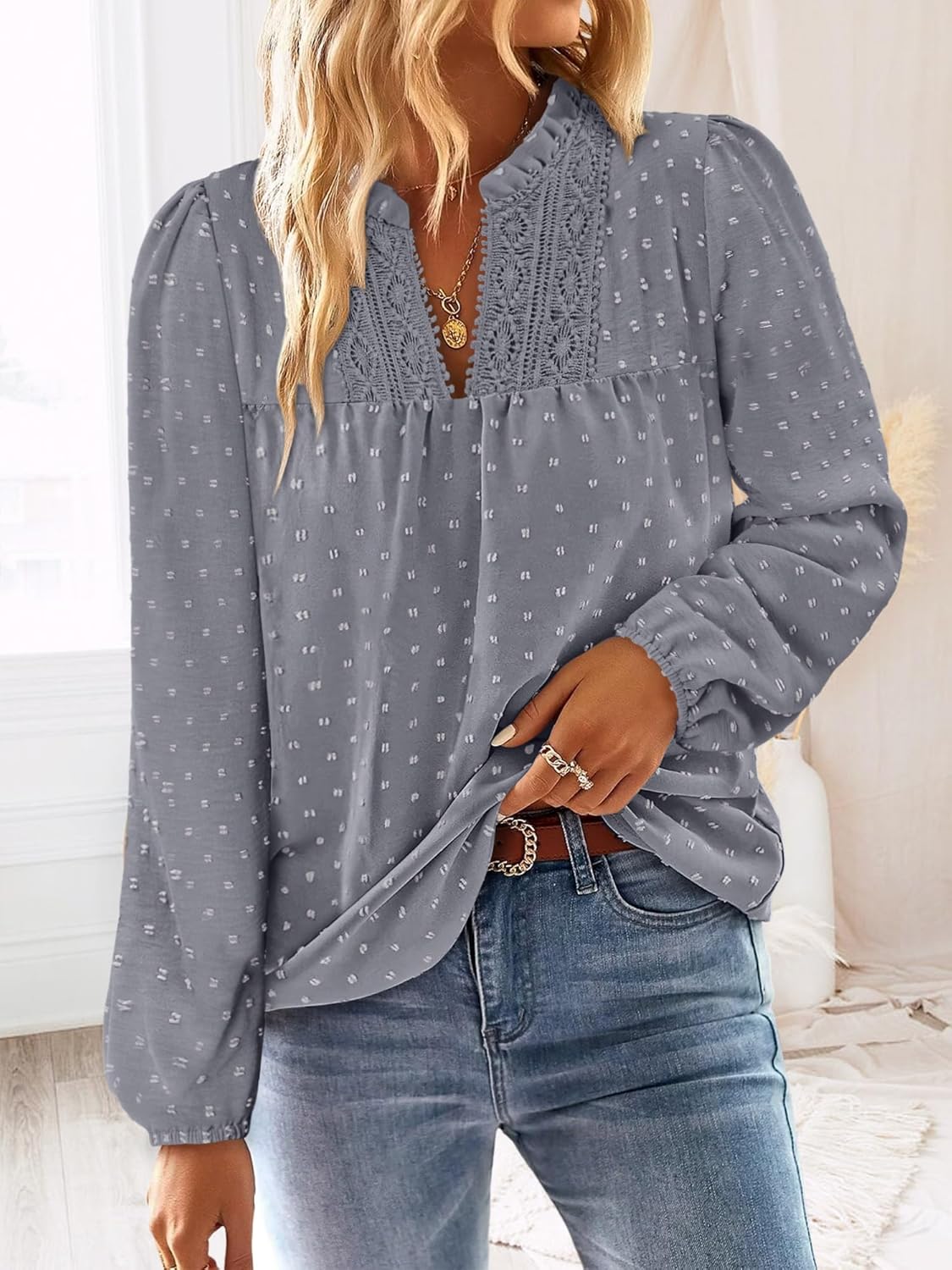 BETTE BOUTIK Women Boho Long Sleeve Shirts Dressy Casual V Neck Fall Fashion Tops Swiss Dot Flowy Blouses - Image 2