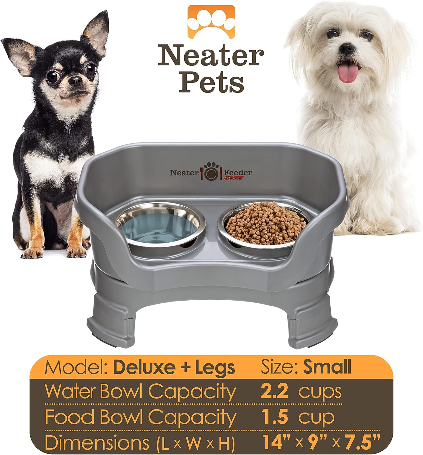 Neater Feeder Deluxe Mess-Proof Elevated Dog Bowls for Small Dogs (Up to 19 lbs), 2 Height Adjustable (6” & 7.5”) No-Spill Raised Dog Bowl Stand, Stainless Steel Food Bowl Set, Made in USA, Gunmetal