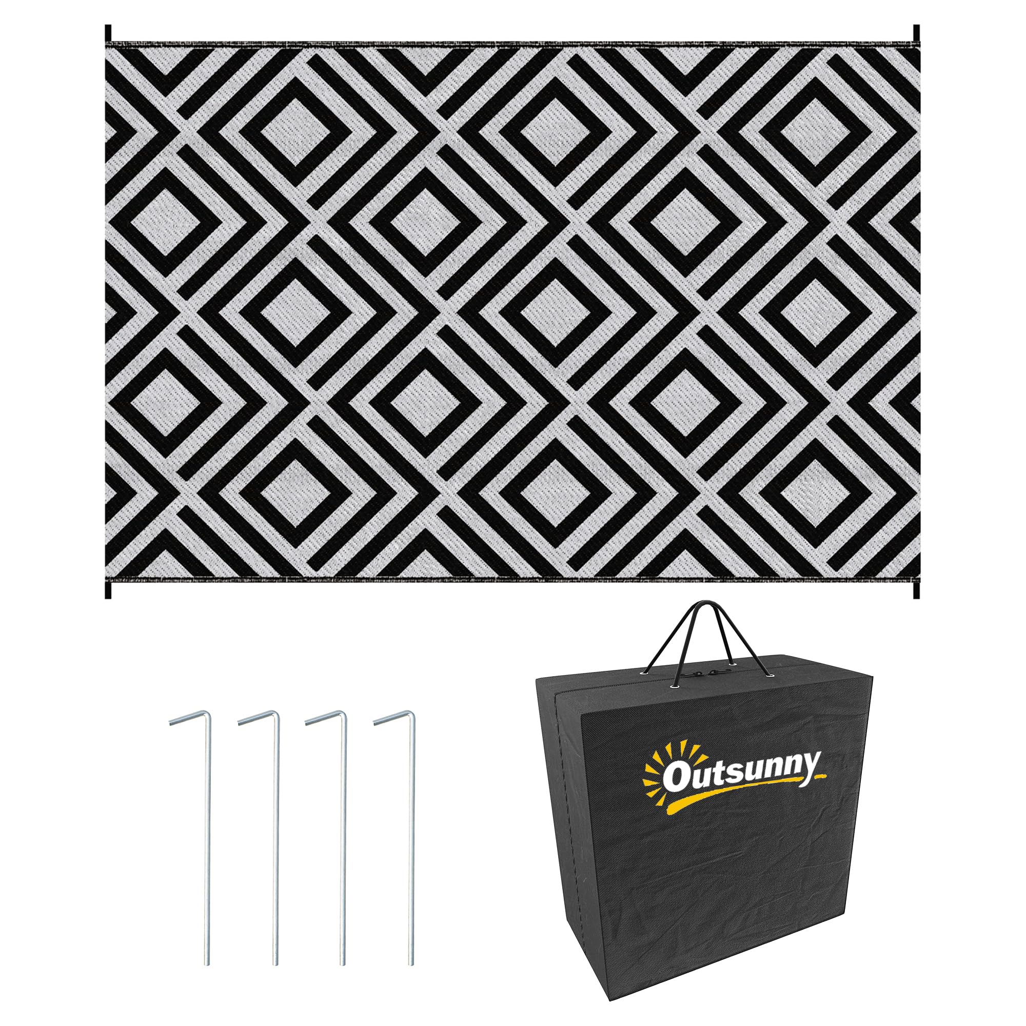 Outsunny Reversible Outdoor Rug with Carry Bag, Waterproof Plastic Straw Mat for Garden, Deck, RV, Picnic, Beach, Camping, 182 x 274cm, Black & White