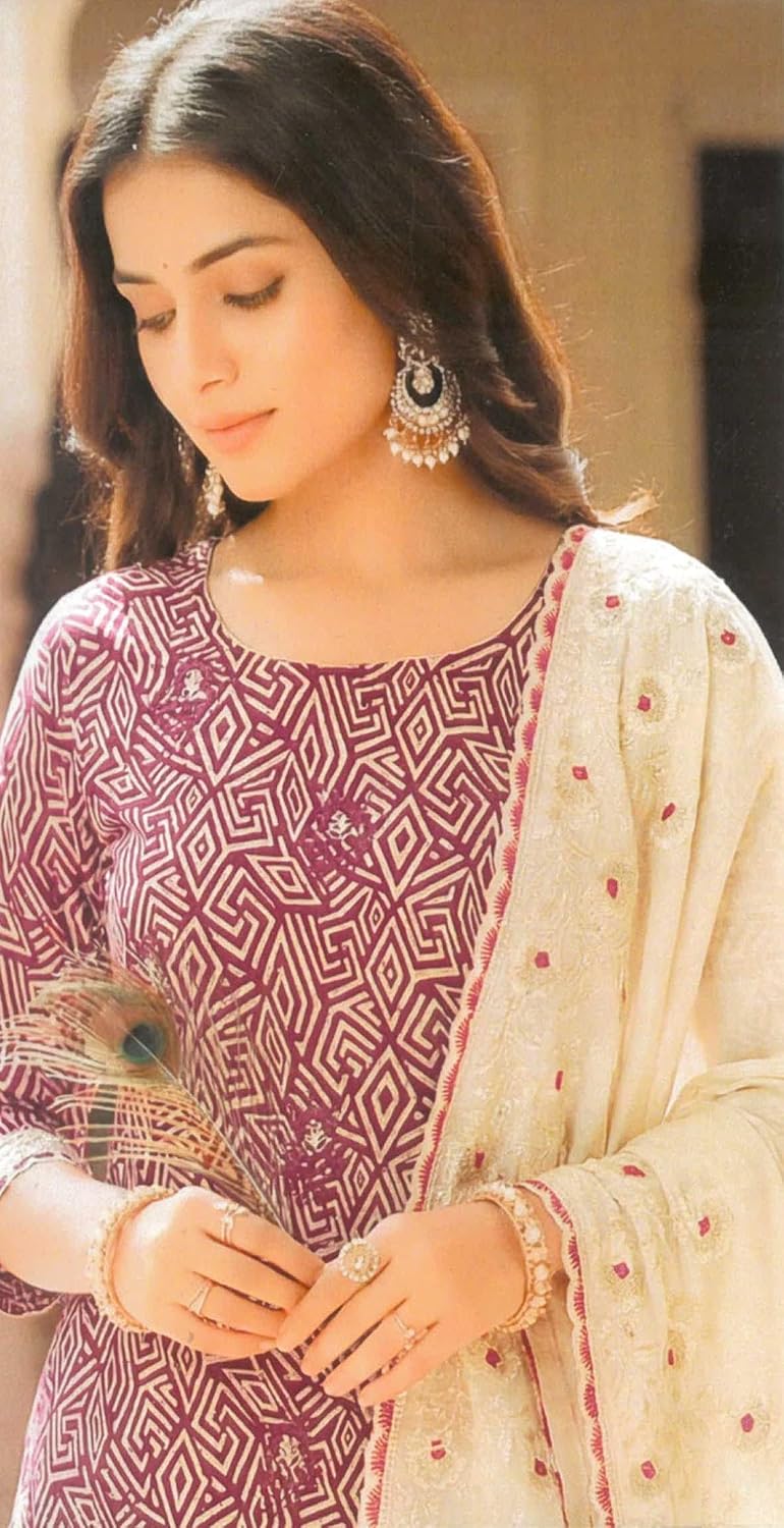 ladyline Womens Jam Cotton Printed Embroidered Salwar Kameez Suit |Elegant Kurta,Pants,Heavy Embroidery Dupatta Set Ethnic