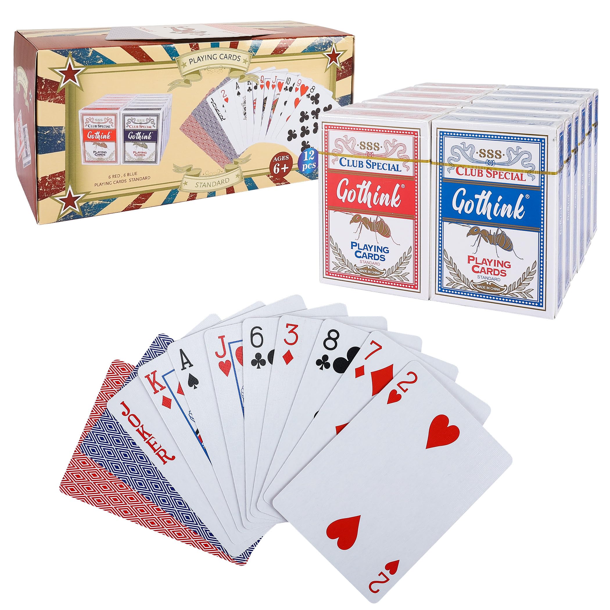Amazon.com: GOTHINK 12 Pack Standard Playing Cards with Plastic Coating, Poker Size Deck of Cards Index in 6 Red and 6 Blue,Paper Stock with Blue  Core Construction,Casino Grade,Family Game Poker Toy Gifts :