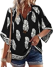 Bebonnie Womens 3/4 Sleeve V Neck Bohemian Peasant Blouses Casual Loose Fit Tunic Tops