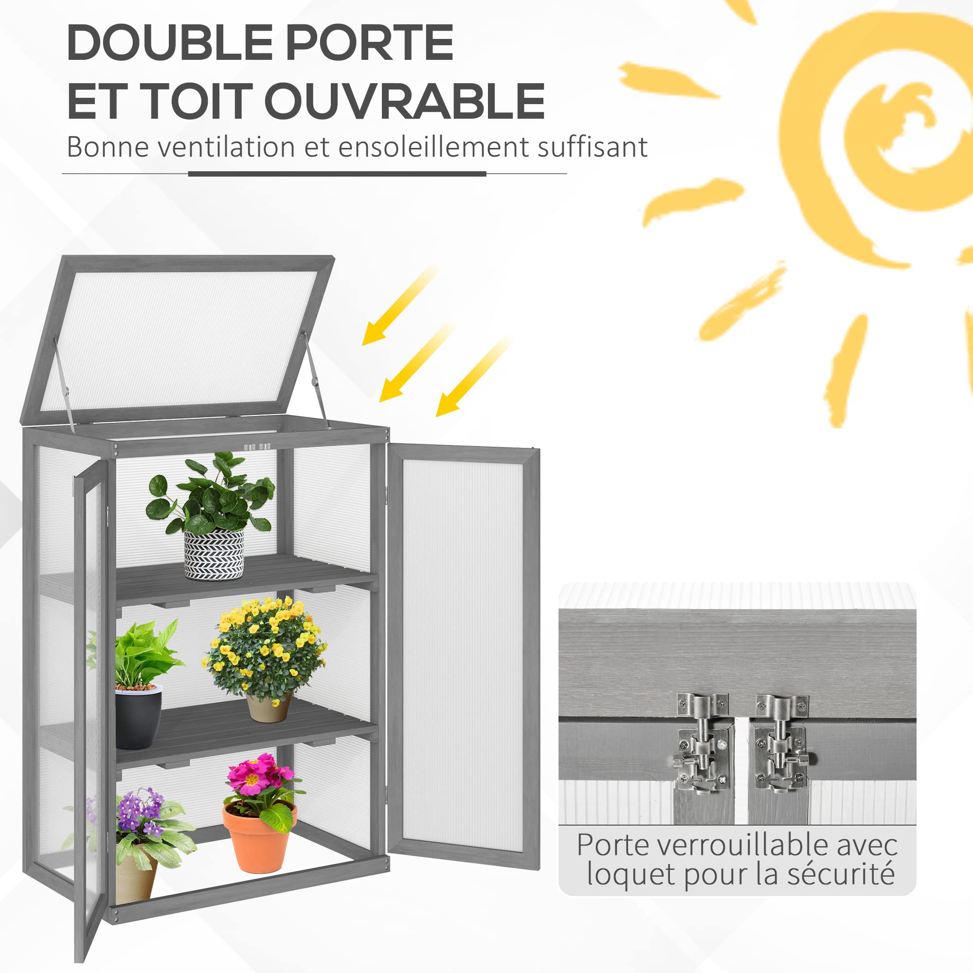 Outsunny Mini serra da giardino 3 livelli dim. 76 x 47 x 110 h cm doppia porta tetto apribile legno abete laccato policarbonato