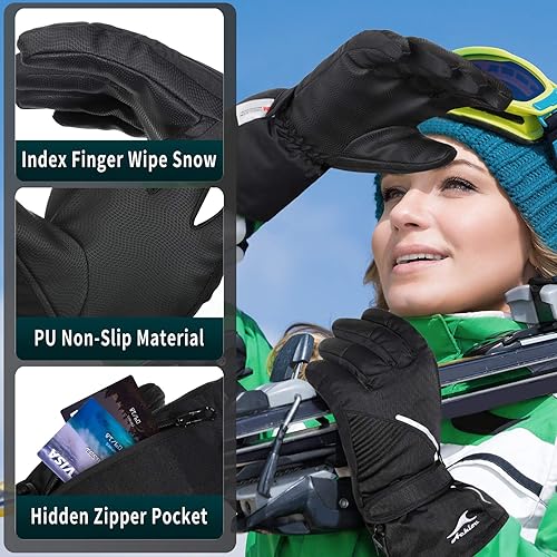 Miniatura 5 de Achiou Guantes de esquí para nieve, impermeables, pantalla táctil, cálidos, para hombres y mujeres, con bolsillo portátil