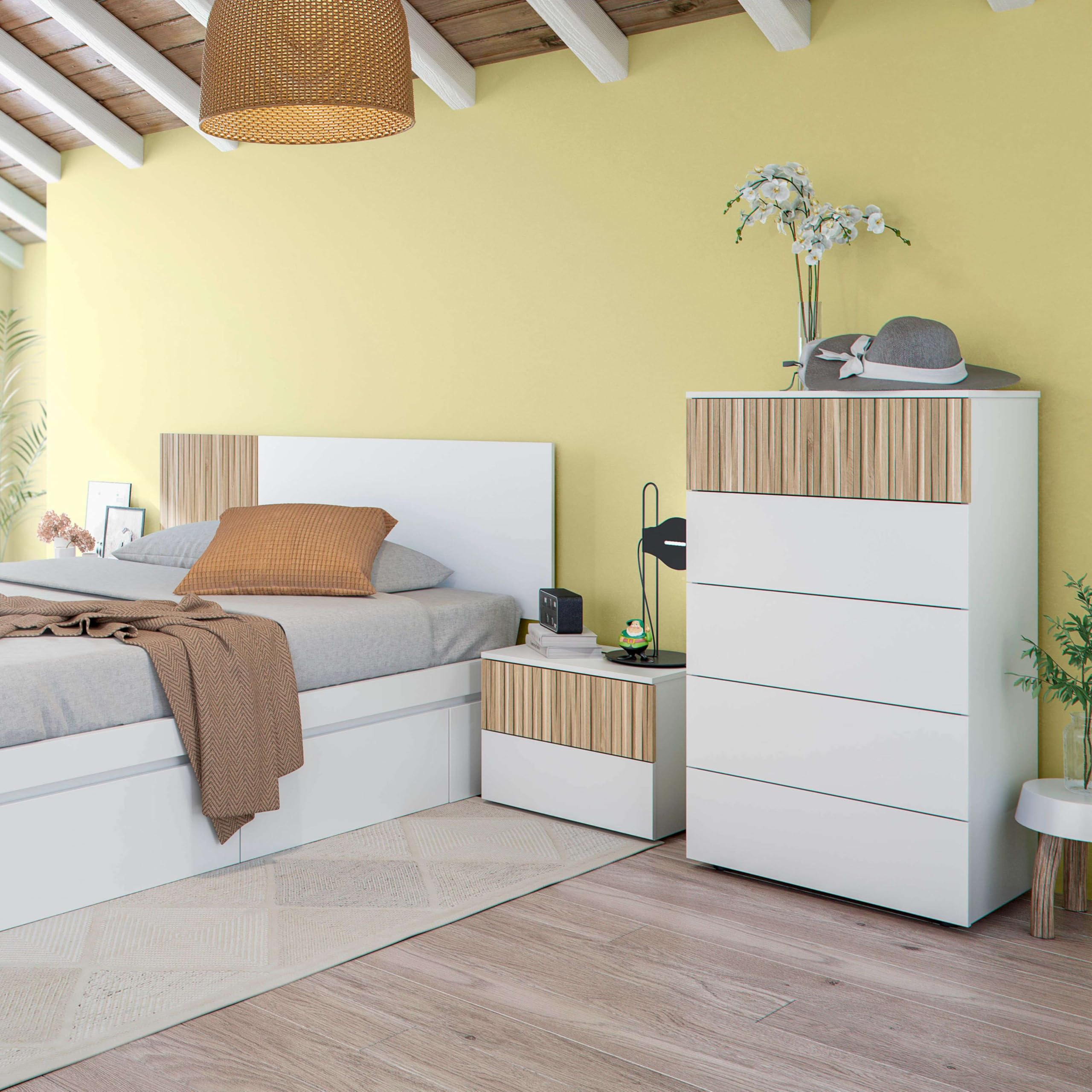 Habitdesign Cómoda 5 Cajones, 109x61x40 (AltoxAnchoxFondo-en cm), Sinfonier 5 Cajones Color Blanco Artik y Natur, Modelo Ethna