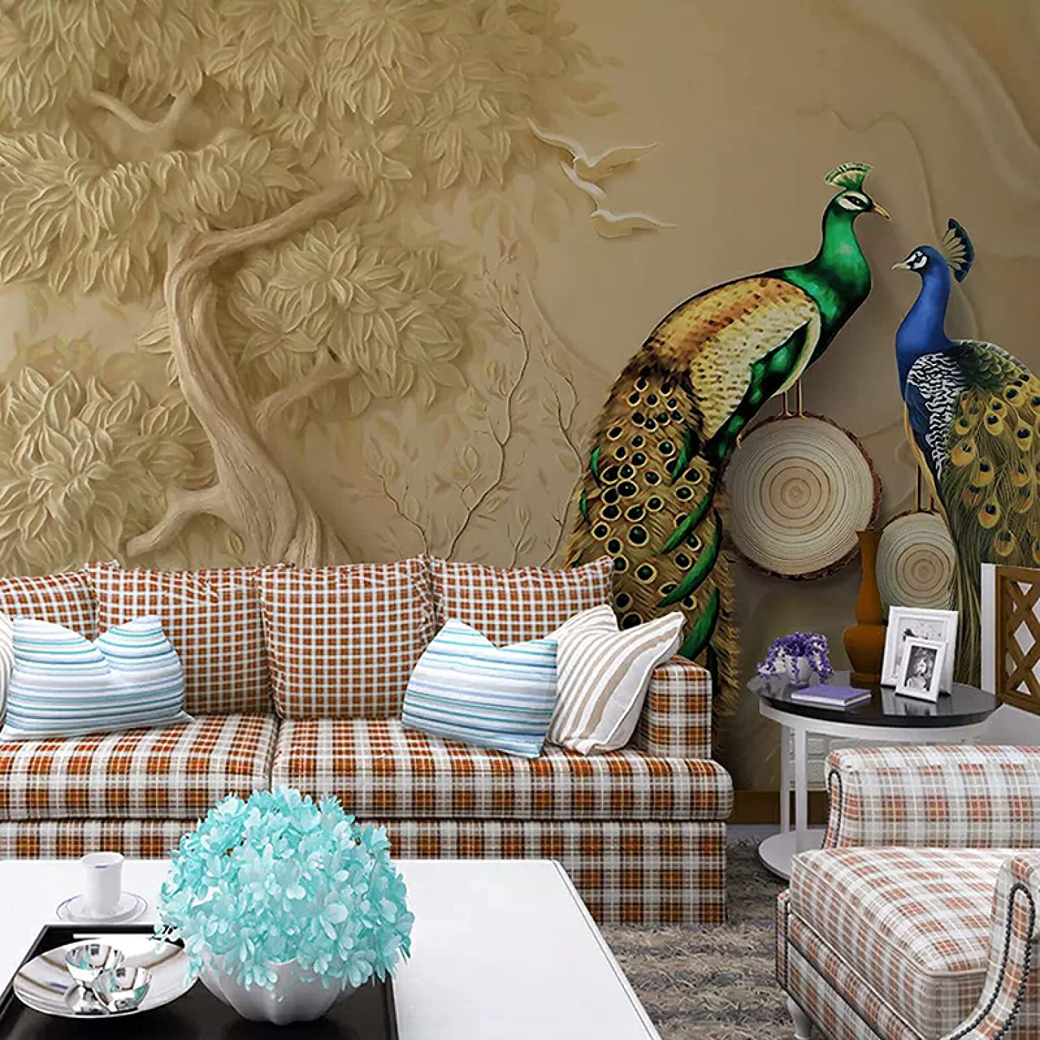 Papel Pintado Mural, 3D Pareja De Animales Pavo Real Papel Pintado Autoadhesivo Peel And Stick Para Sala De Estar, Dormitorio, Tv, Fondo, Oficina, Restaurante, Habitación, Pós 350(ancho)x256(alto)cm