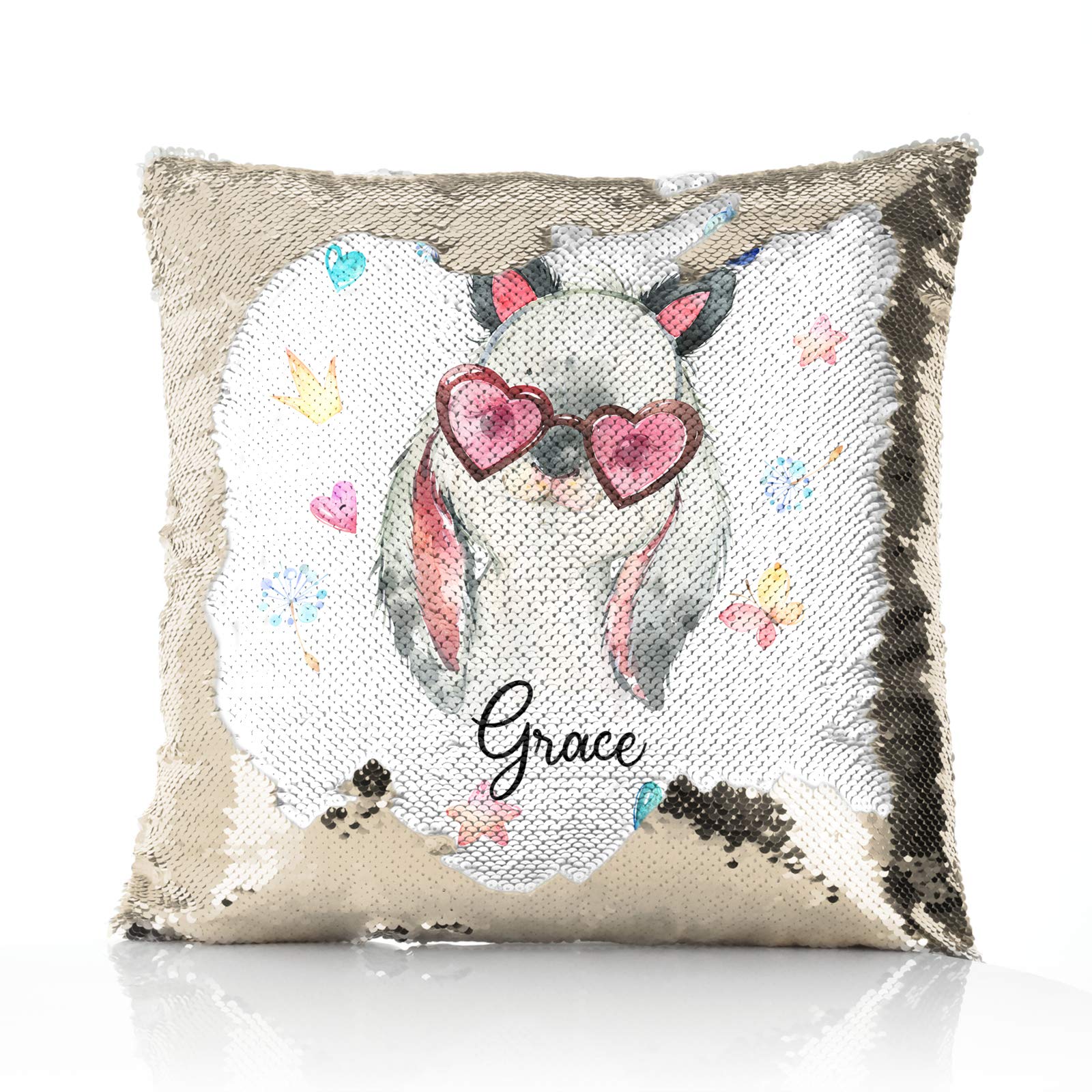 Hairyworm Personalised Cushion, Champagne, Silver, Blue, Red or Gold Squin Flip Square Cushion Customised with Initial/Name/Text, Rabbit with Cat Ears Design, Square Pillow