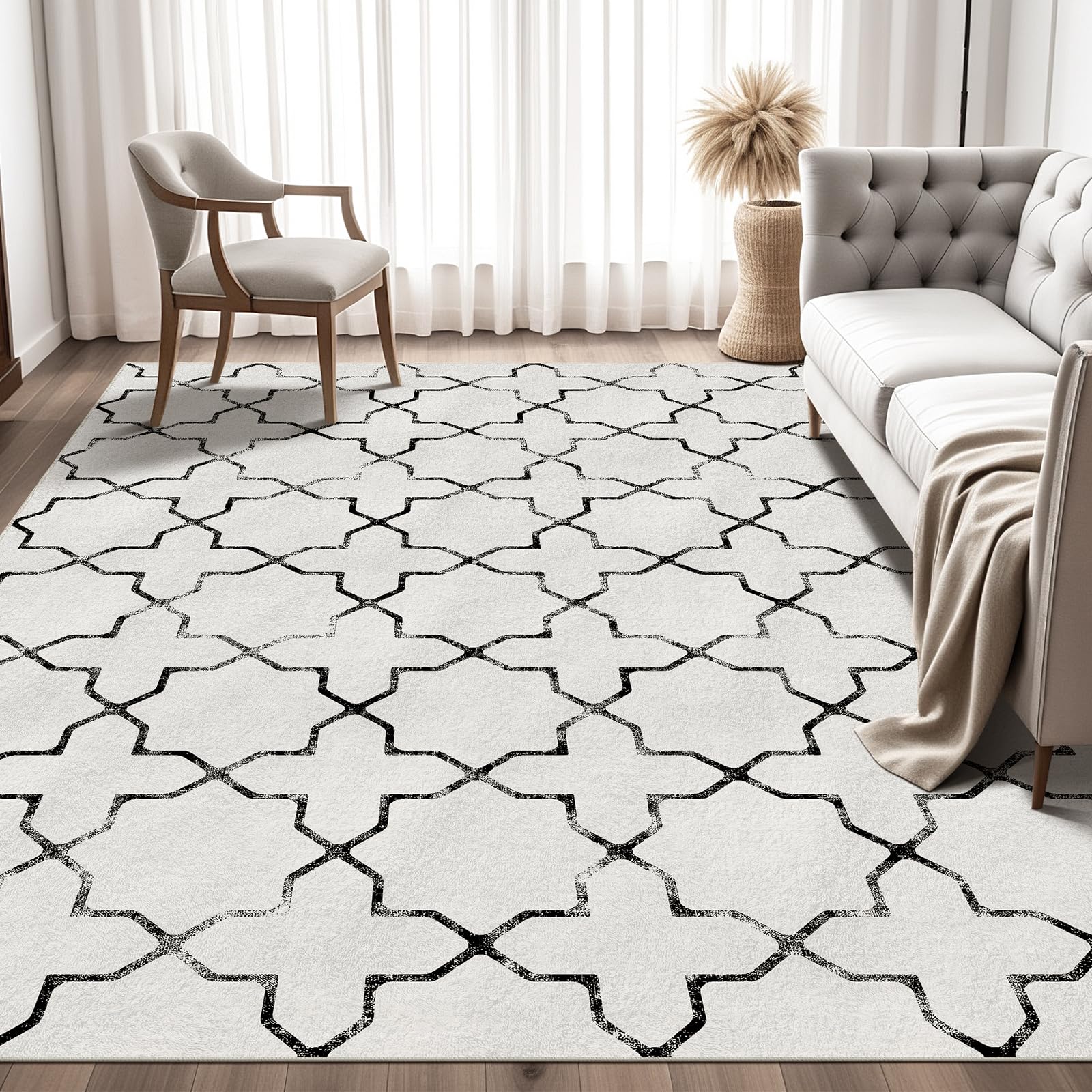 KONYXALU Moroccan Boho Washable Rug, 5x7 Non-Slip Large Beige Area Rugs for Living Room Bedroom Dining Room