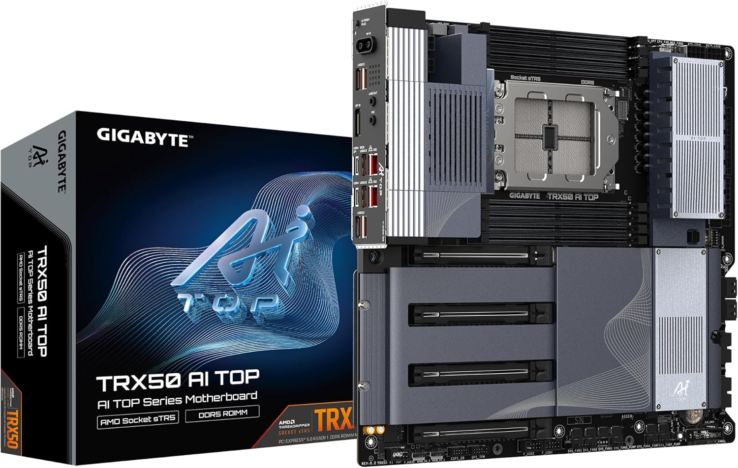 GIGABYTE TRX50 AI TOP-2B Scheda Madre – CPU AMD Ryzen Threadripper PRO 7000, VRM digitale a 16+8+4 fasi, fino a 5200 MHz DDR5, 4 x M.2 PCIe 5.0, Wi-Fi 7, LAN 10 GbE, USB 4 - Scheda madre