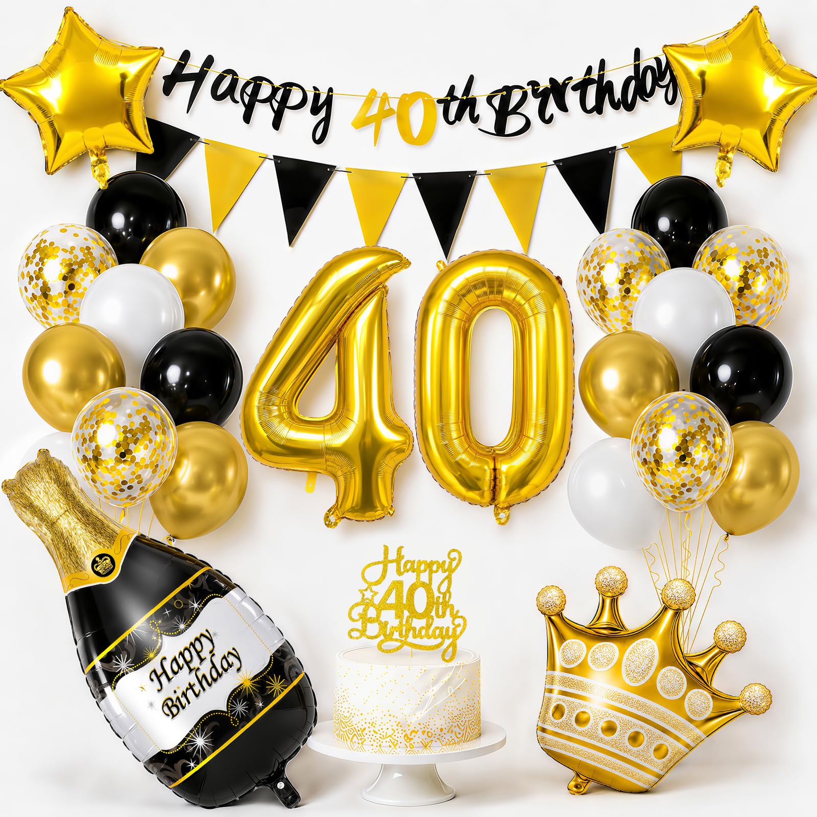 YianHien 40th Birthday Decoration Men, Happy 40th Birthday Banner, 40th Birthday Balloons with Foil Number 40, Champagne, Crown, Star, Birthday Bunting & Cake Topper