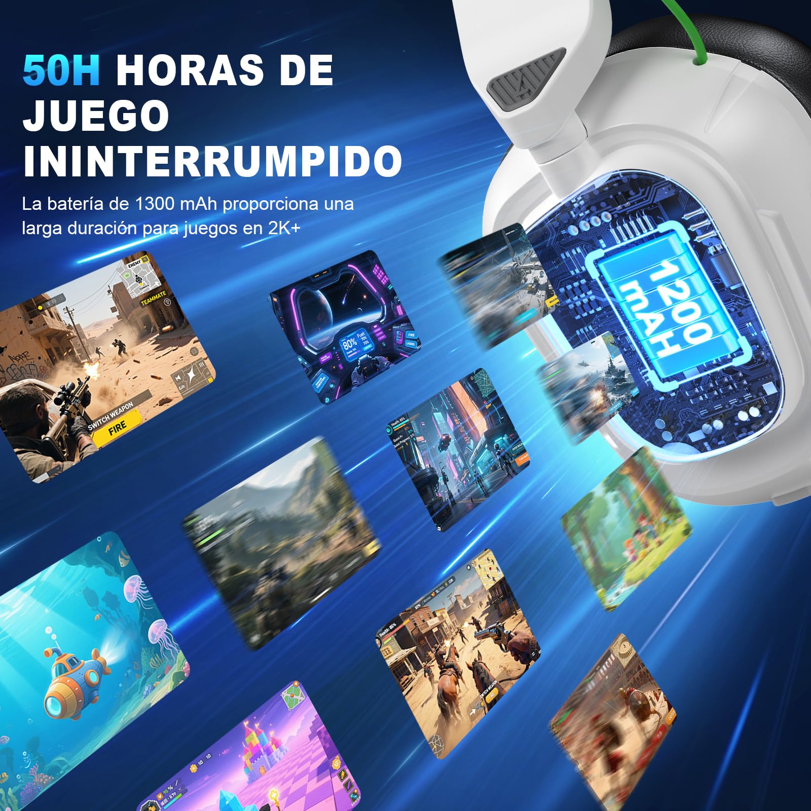 VK84 Cascos Gaming Inalambricos para Ps4, Ps5, PC, Mac, Switch, Auriculares Gaming con Micrófono con cancelación de Ruido, Cascos de Juego Bluetooth 5.4, Blanco Y Negro Brillante