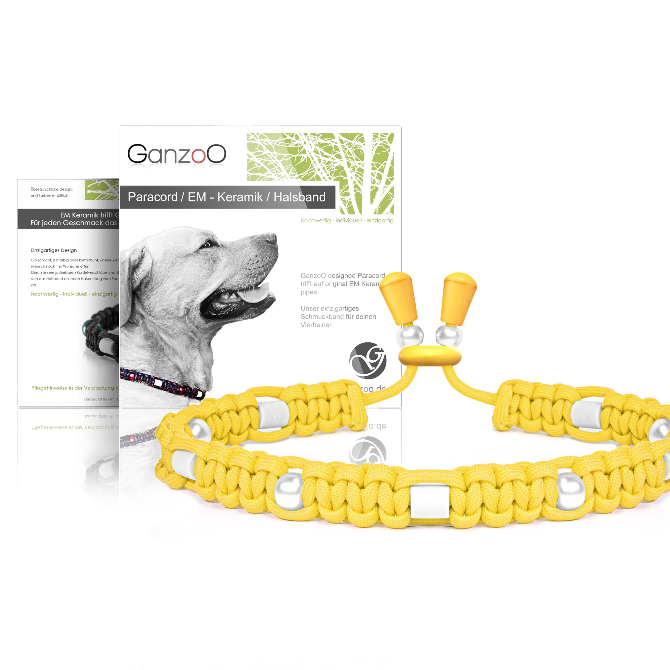 Ganzoo EM Keramik Hunde-Halsband Paracord 550, geflochtenes Zierhalsband mit Zierperlen und EM Tubes/Pipes, Größe S 33-42 cm, passgenau per Kordelstopper verstellbar, Knopfverschluss, leuchtgelb