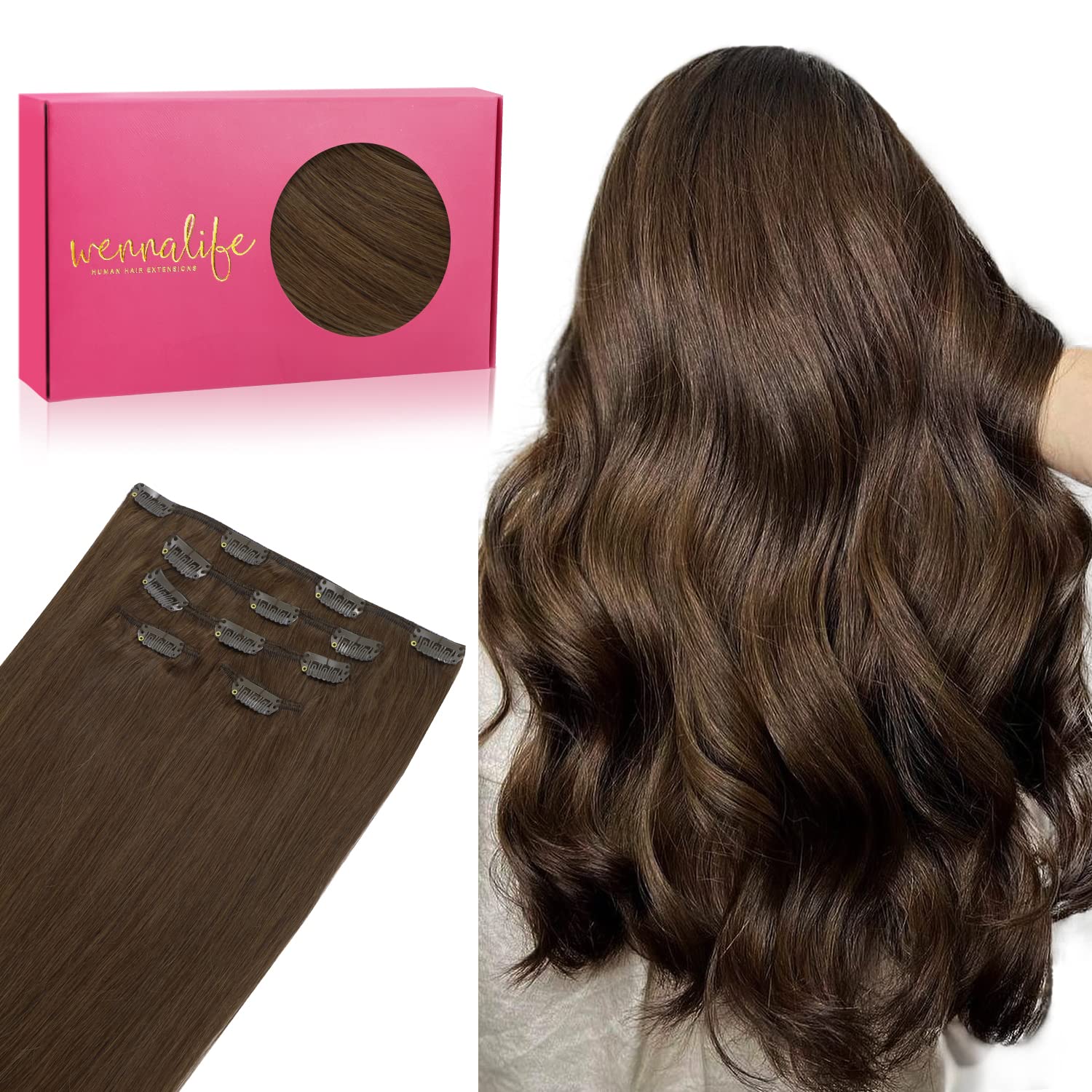 WENNALIFE Extension con clip in capelli veri, 80 g, 5 pezzi, 50 cm, colore marrone cioccolato