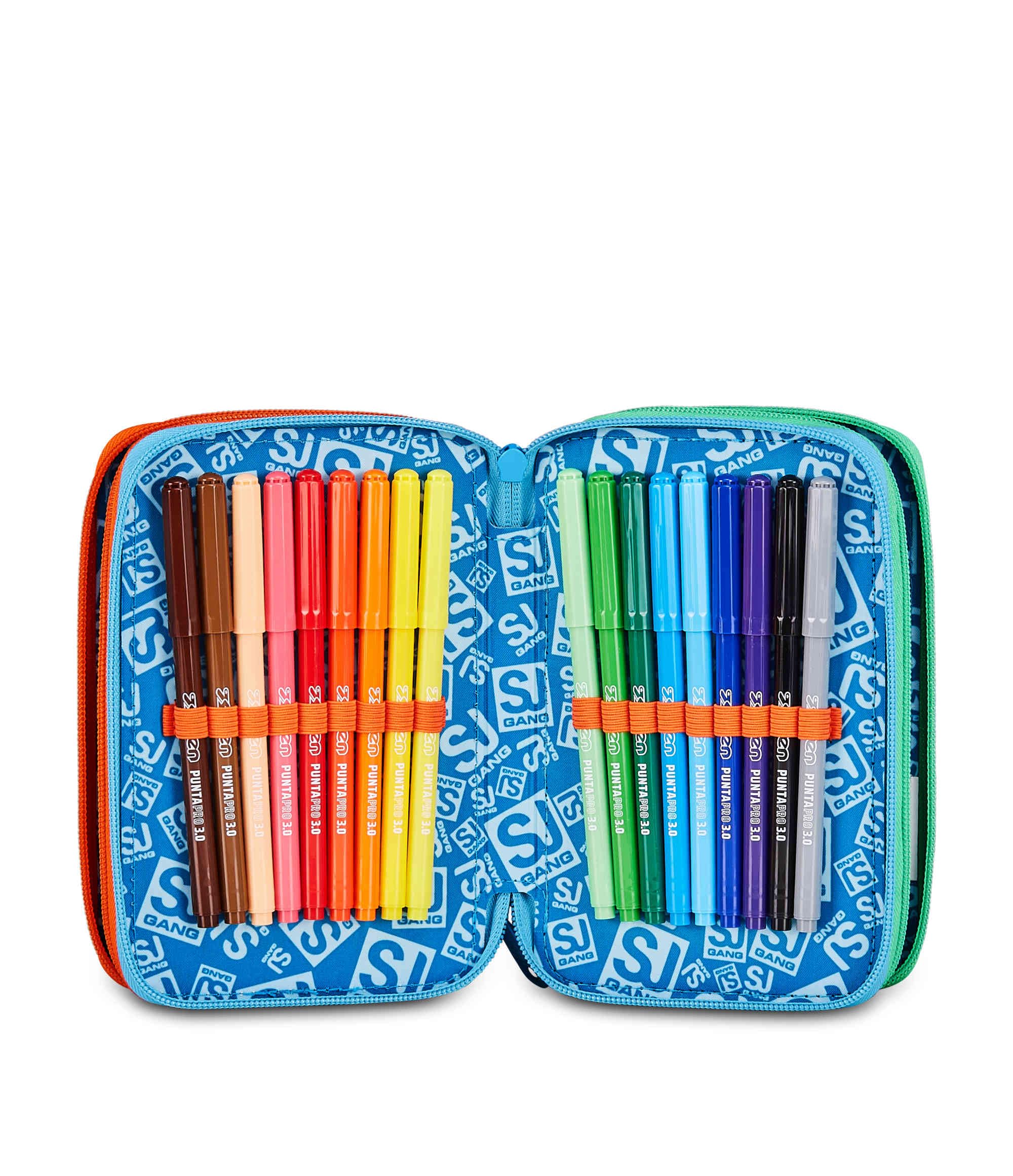 SJ GANG STYLE JAM GANG Astuccio Scuola 3 Zip 3D SPACE RIDE, Blu, Triplo Scomparto, Scocca con astronauta in rilievo, Portapenne Attrezzato, 45 pezzi, Accessori Zaino, Scuola elementare, Bambino