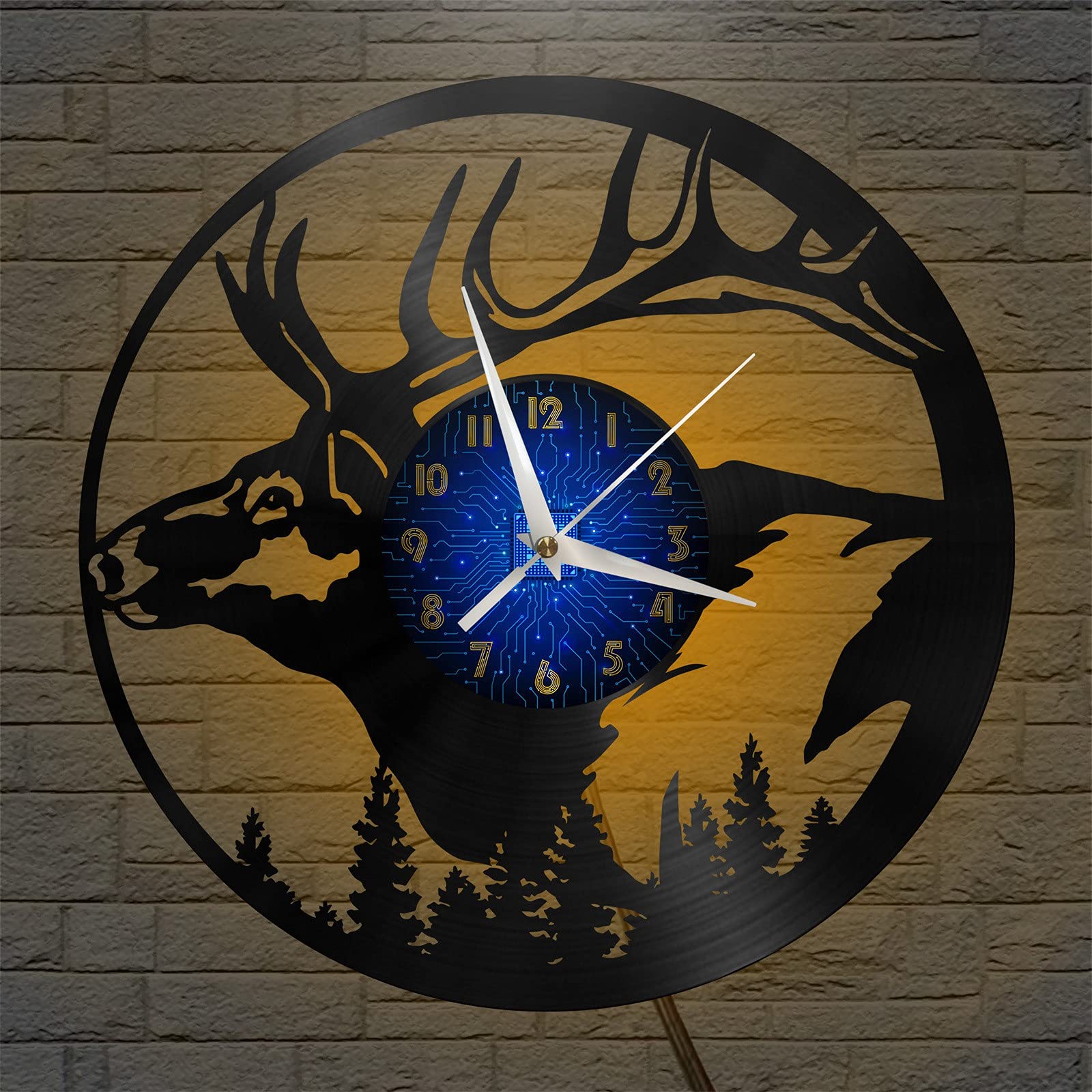 VCS Deer theme Vinyl Record vintage Wall Clock for Kitchen(B,with LED)