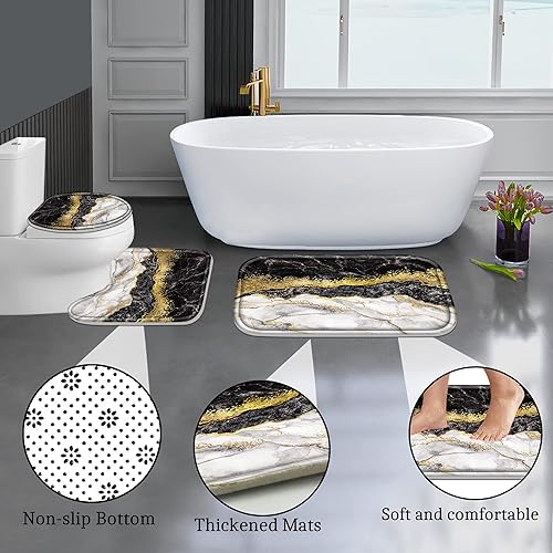 Miniatura 4 de Poedist Juego de 4 cortinas de ducha de baño con borde negro y dorado, juego de baño con cortina de ducha y alfombras (tapete de baño, forma de U y