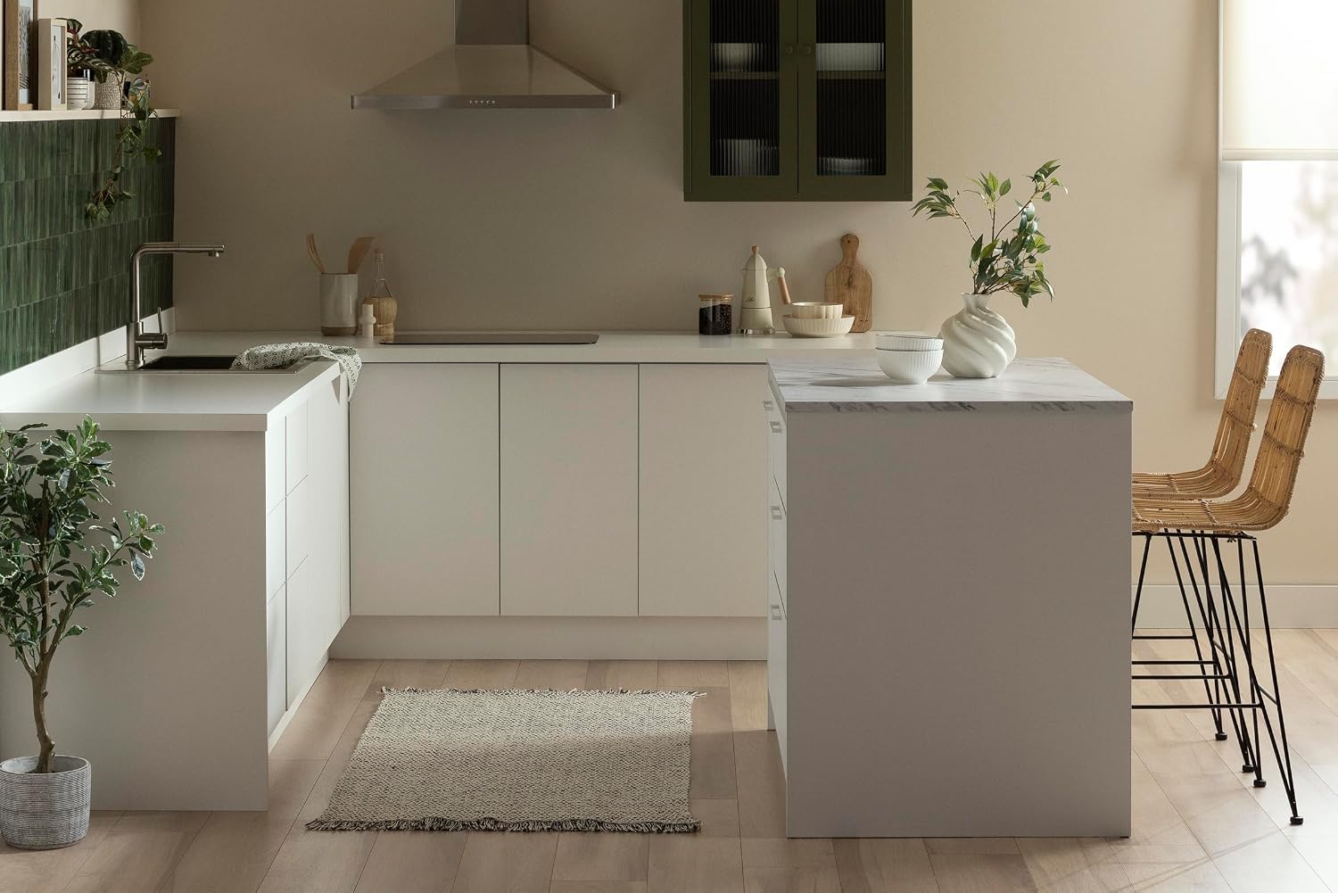 South Shore Myro Kitchen Island Faux White Marble and White, Contemporary