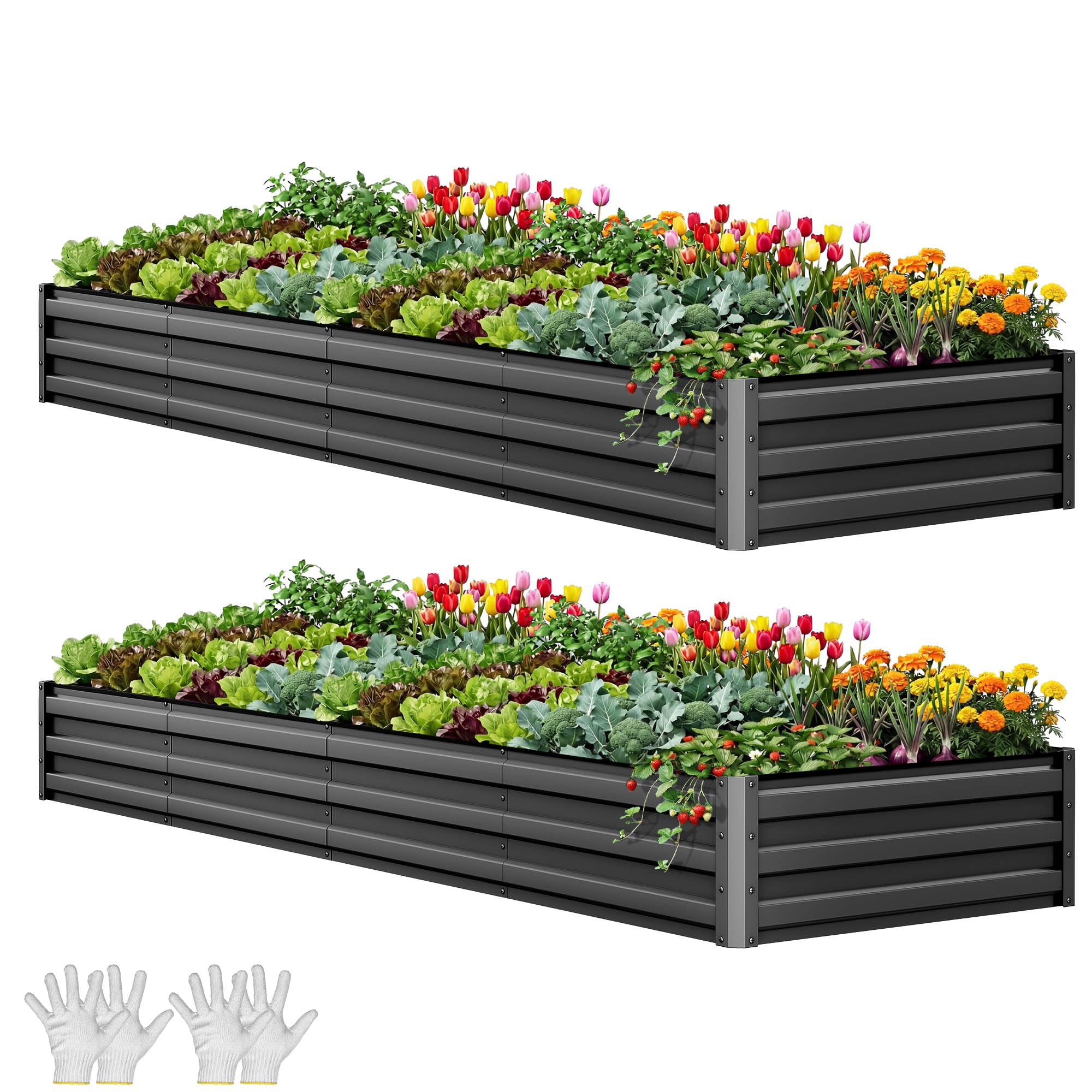 YITAHOME 12x4x1ft 2pcs Large Raised Garden Bed Kit, Galvanized Metal Planter Box with Gloves, Ground Nails, Support Rod, Outdoor Above Ground Planters for Plants Vegetables Flowers, Black Black 12x4x1ft 2pcs