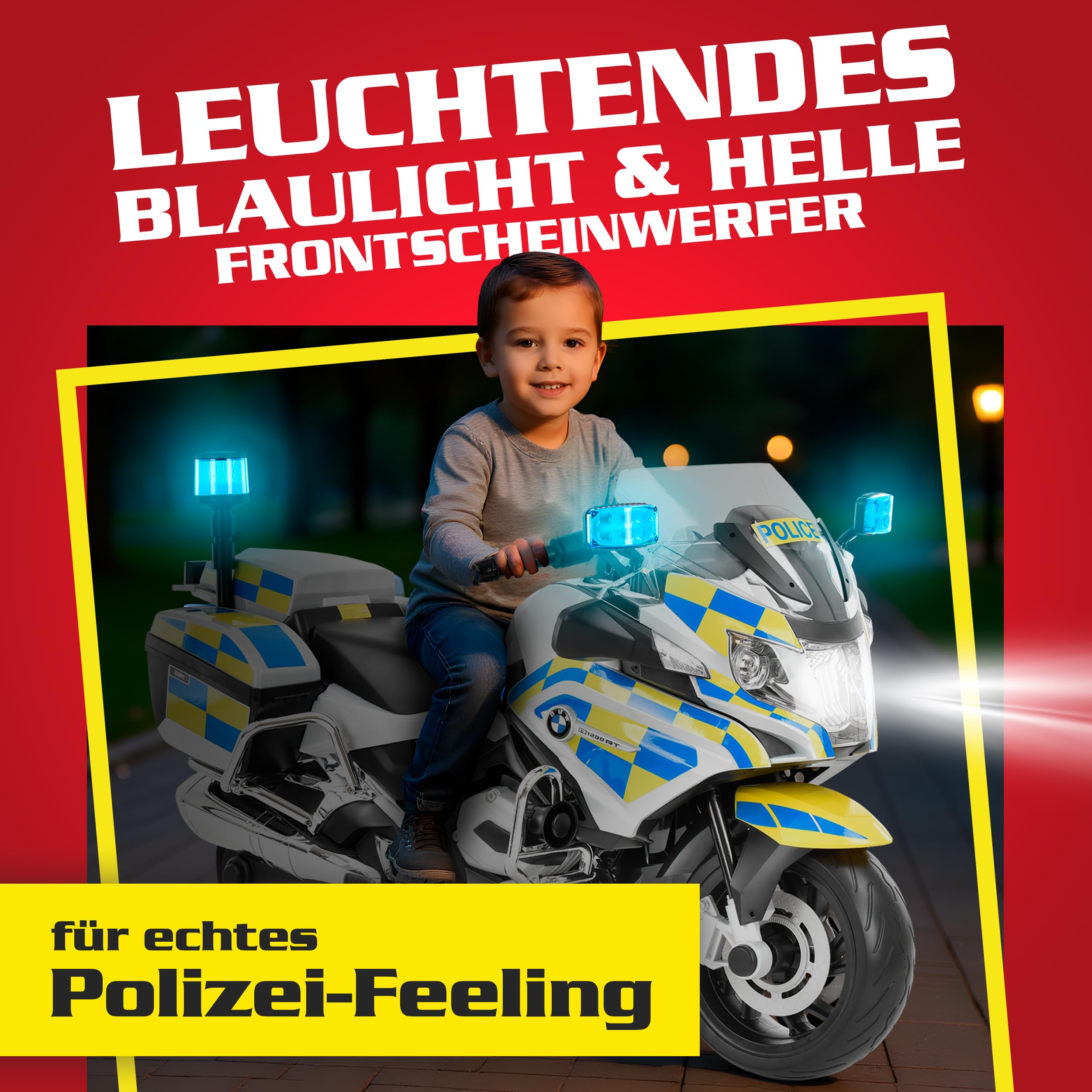 HECHT Polizei Elektro Motorrad BMW Design ab 3 Jahre | 35 W Motor, 3-6 km/h, Blaulicht, Sirene, Radio, Stützräder, 2 Seitenkoffer, Spielzeug bis 30 kg