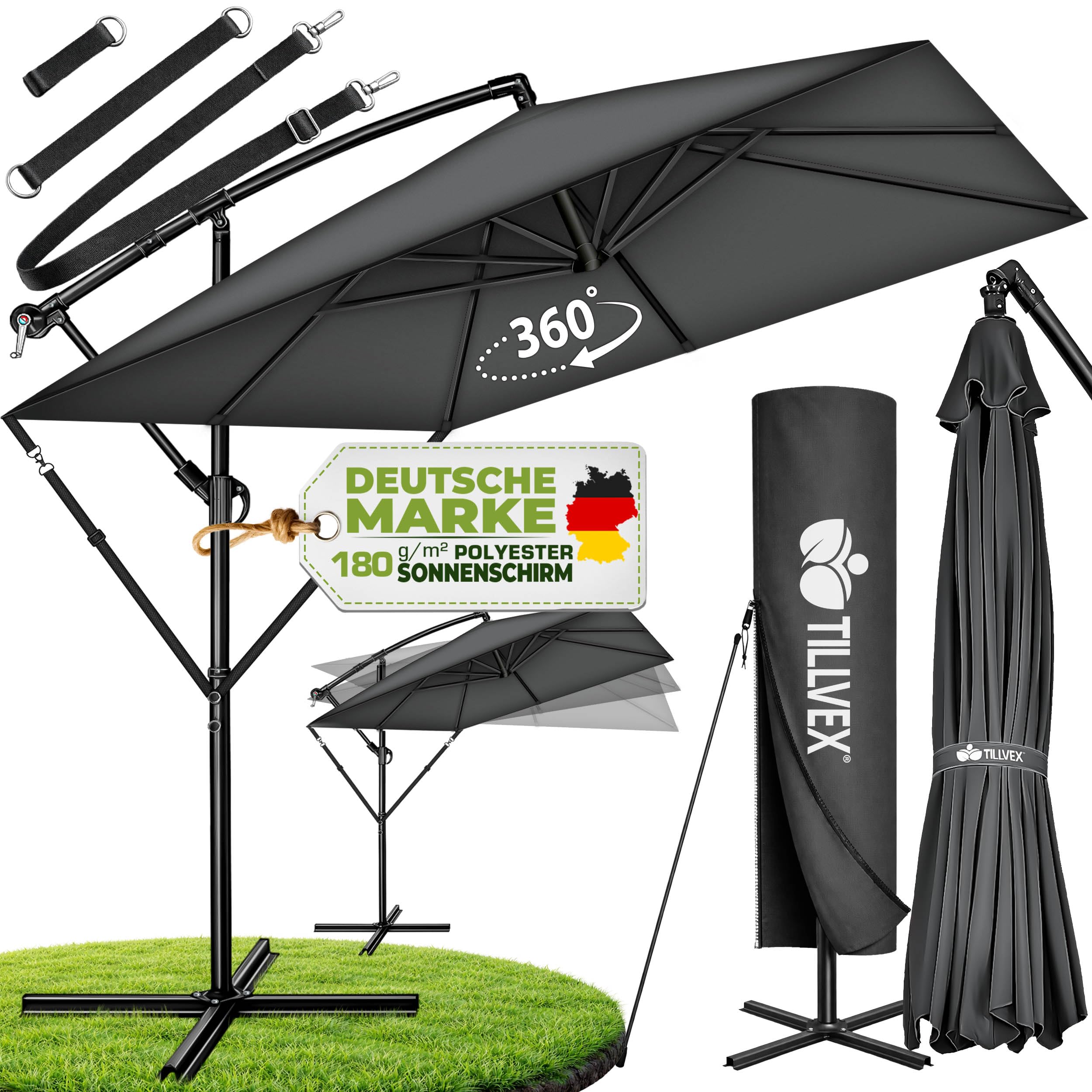 tillvex® Alu Sonnenschirm Rechteckig Ø 330 cm + Abdeckung mit Kurbel | Ampelschirm Aluminium Eckig mit Ständer & Windschutz | Gartenschirm UV-Schutz, wasserdicht, 360° drehbar