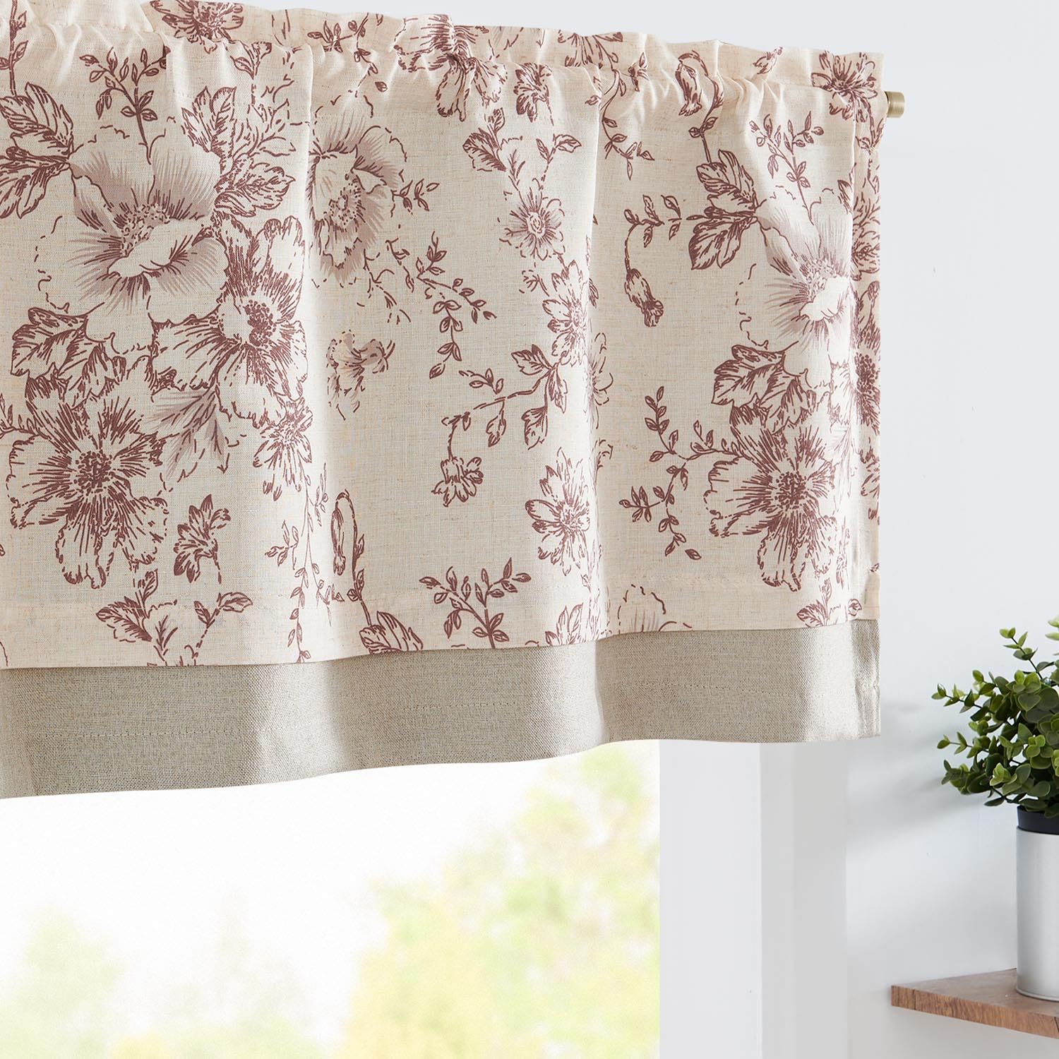 jinchan Linen Floral Valance Double Layer Kitchen Window Curtain Brick Red Flower Valance for Living Room Cafe Farmhouse Room Darkening Rustic Country Curtain 16 Inch Rod Pocket 1 Panel