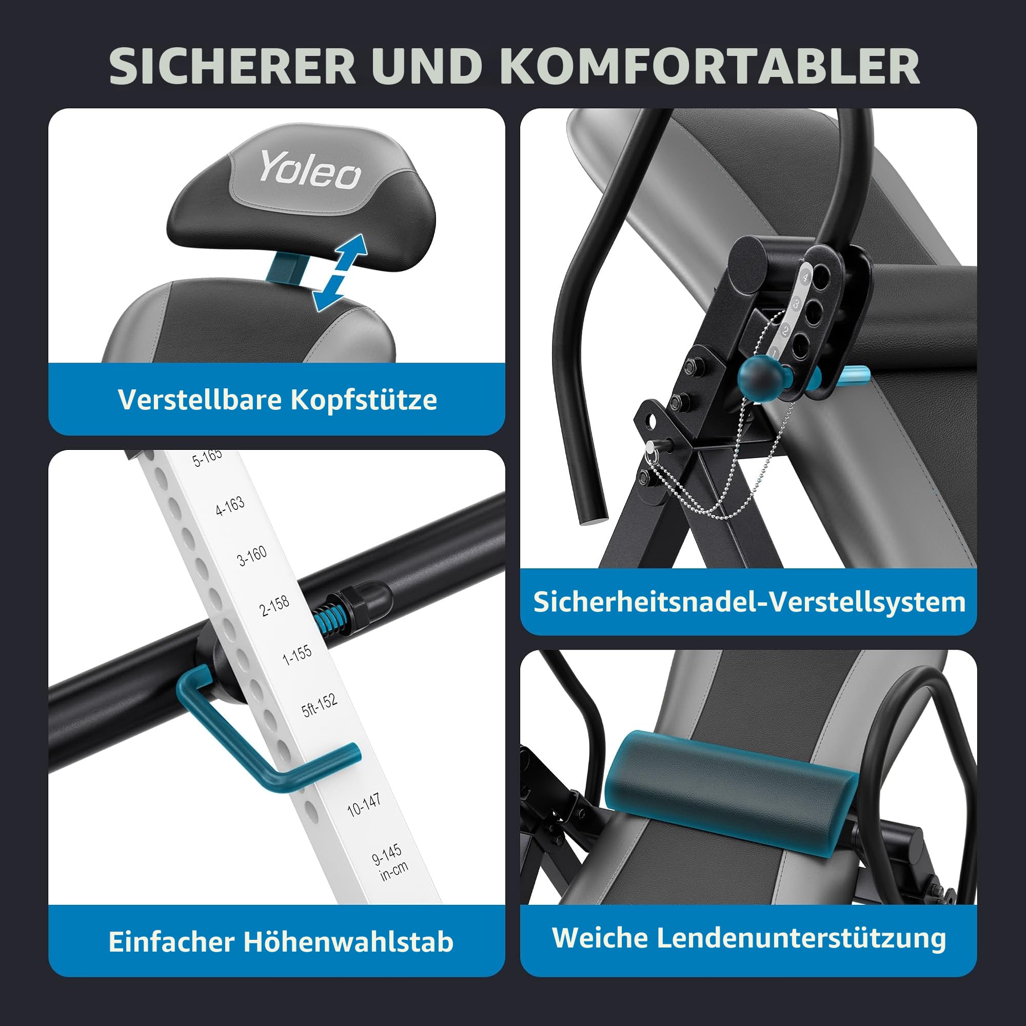 YOLEO Inversionsbank für Rückenschmerzen 2026, Faltbarer Inversionstisch mit abnehmbarem Lendenpolster, wendbare Knöchelhalterungen, einfache Montage