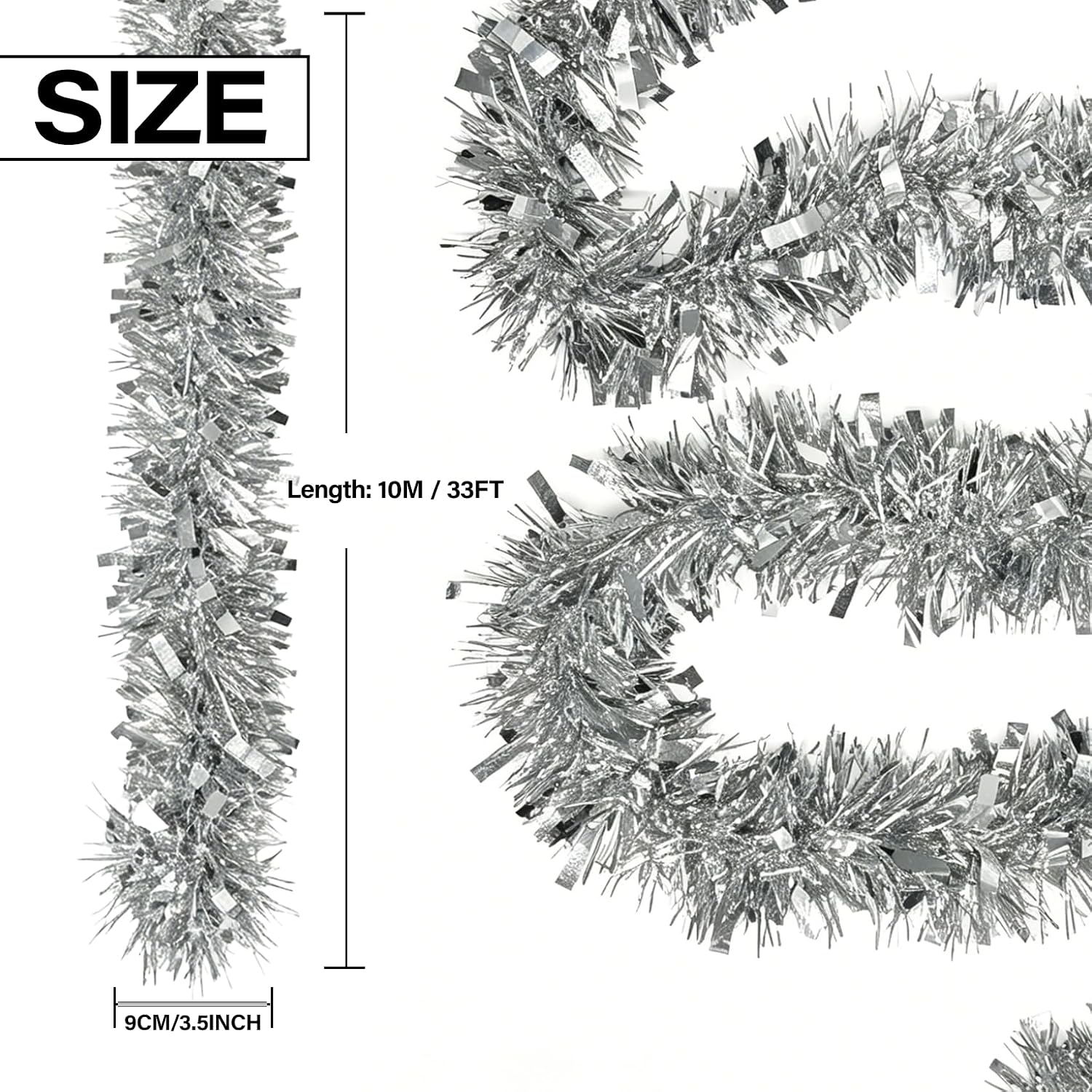 33FT Silver Christmas Tinsel Garland Decorations, Shiny Thick Tinsel Rope for Christmas Tree, Wreath, Fireplace, Holiday Party & Home Ornaments (Silver)