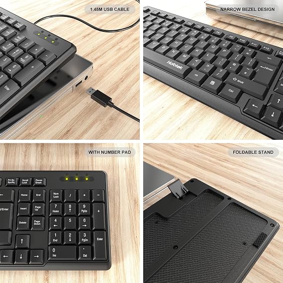 Wired Computer Keyboard, Full Size USB Keyboard with Number Pad | Slim Compact Basic Keyboard, USB Plug-and-Play, Budget Quiet Corded Keyboard, for Laptop Windows PC Office Desktop (Black)