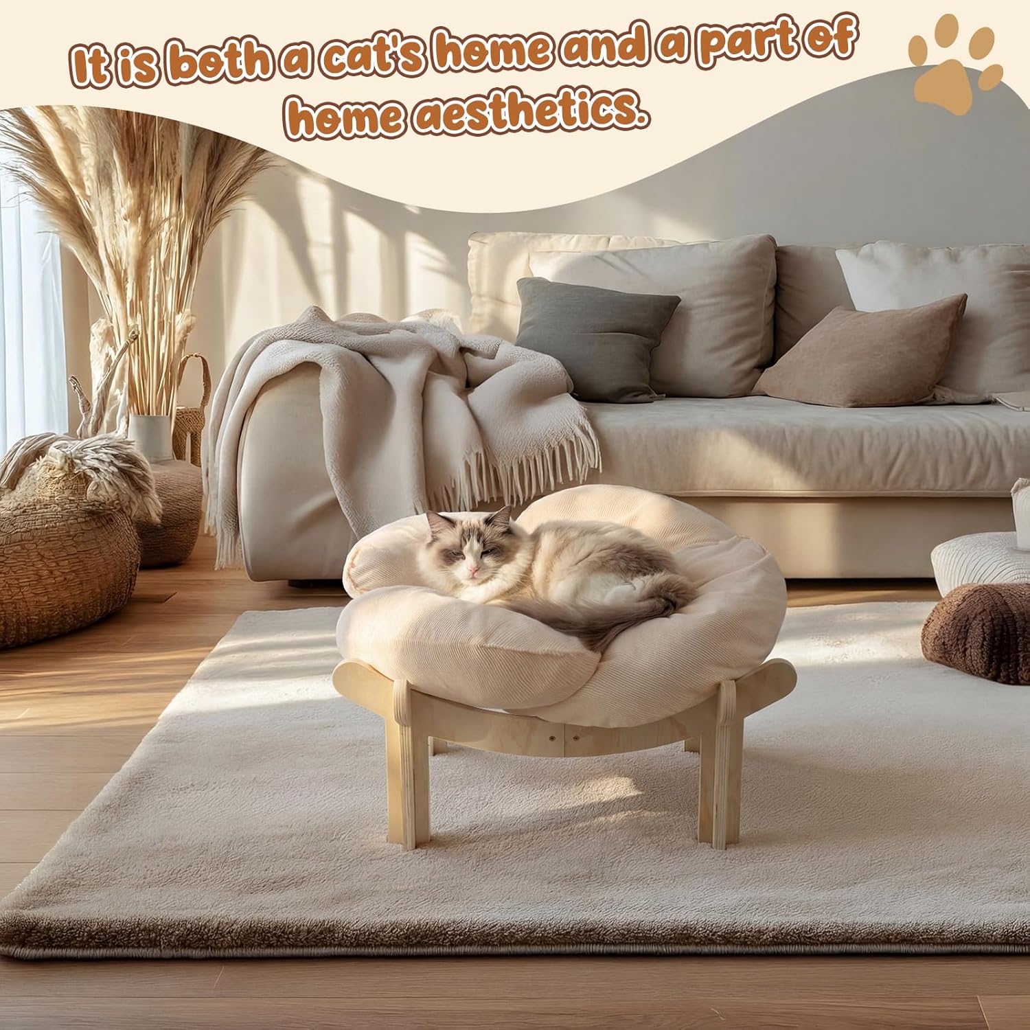22x22x13 Inch Elevated Flower Cat Bed Wooden with Fluffy Cushion, Pet Couch Sofa for Indoor Cats, Raised Kitty Lounge Chair Suitable for Puppy, Cat Furniture Living Room Bedroom