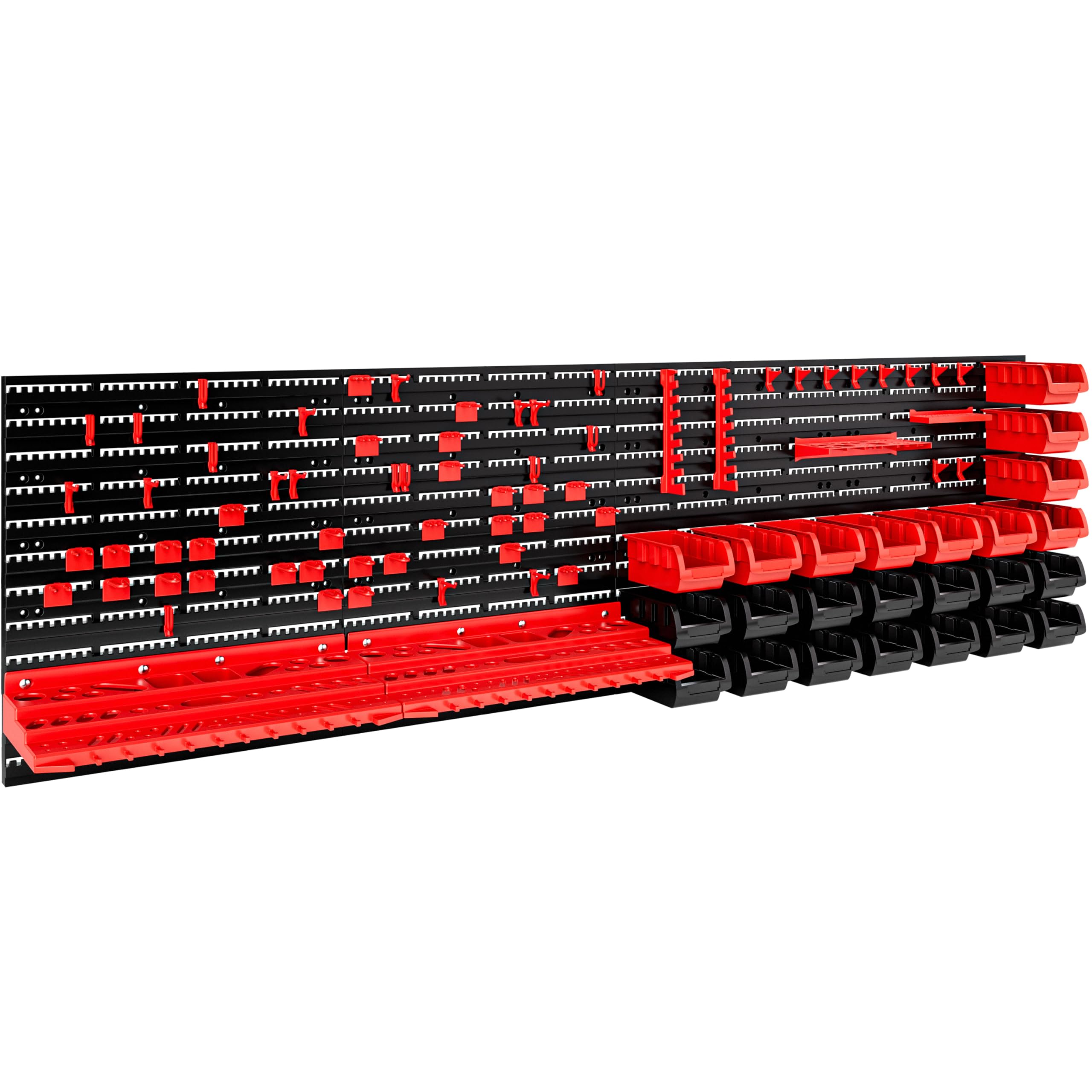DEUBA® 97 Pcs Tool Rack | Wall Mounted | 190x54cm | Expandable Pegboard | Perforated Tool Holder Shelf | Home | Garage | Workshop | DIY | Stacking Bin Rack | Black & Red