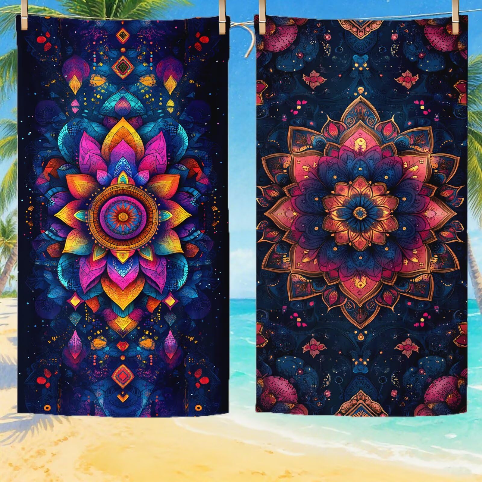 Serviette de Plage Microfibre Serviette Plage 100x150 cm 2 Pack Séchage Rapide, Anti-Sable, Absorbante Fonction Drap de Plage XXL pour Bain Sport Voyages Sauna Piscine Yoga, avec Sac Mandala Q-839