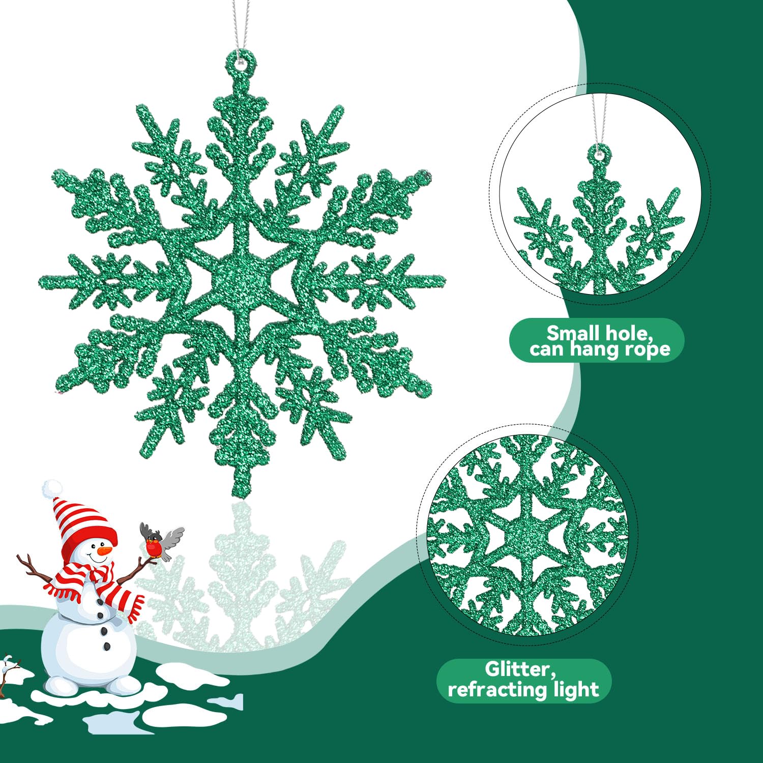 VEYLIN Christmas Glitter Snowflake, 12PCS Hanging Decorations (Green) - Image 4
