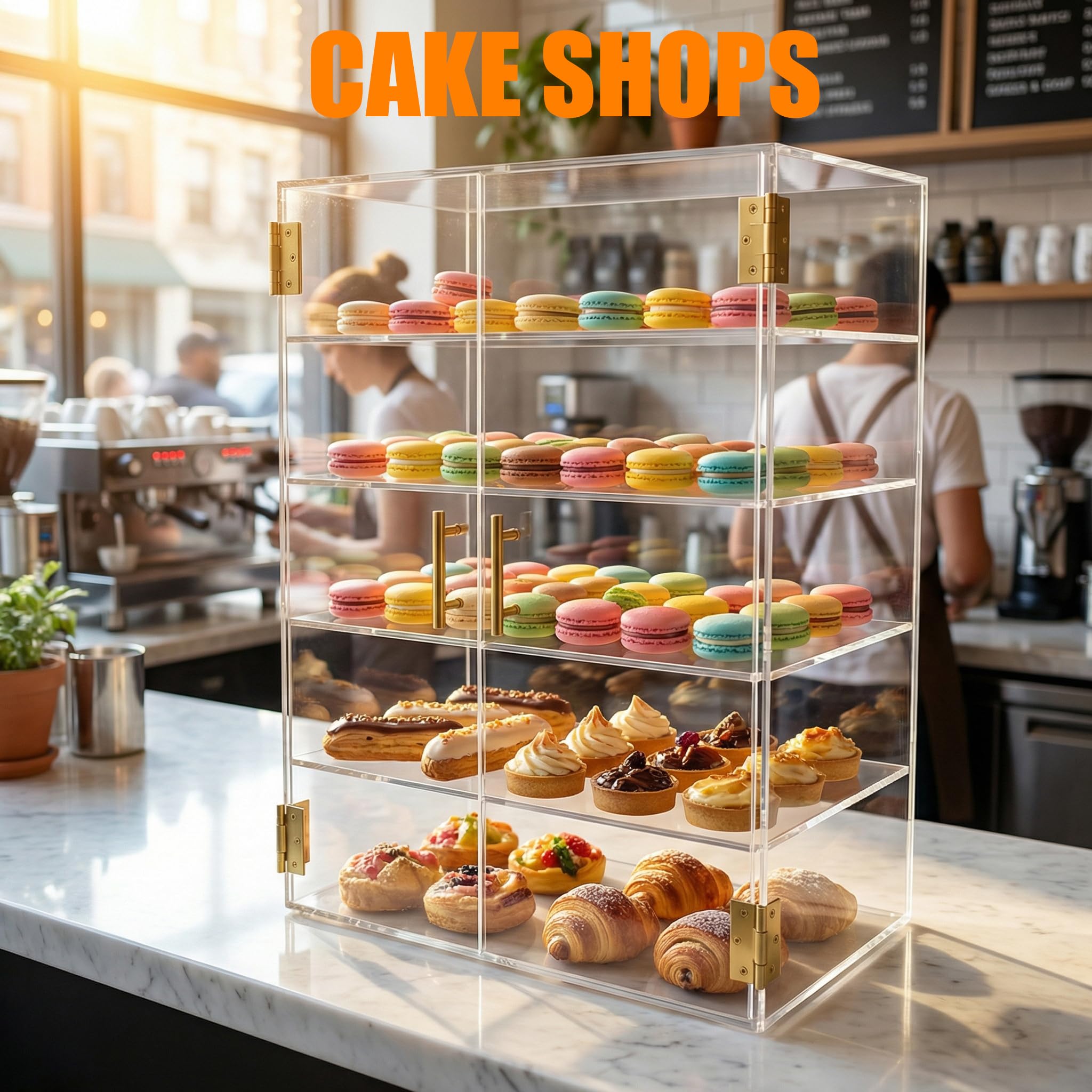 5-stöckige Bäckerei-Vitrine mit elastischer Autotür, 49,5 x 62,7 x 26,2 cm, Acryl, transparent, für Gebäck, Arbeitsplatte, Vitrine, Lebensmittelbox für Brot, Dessert, Kekse, Backen