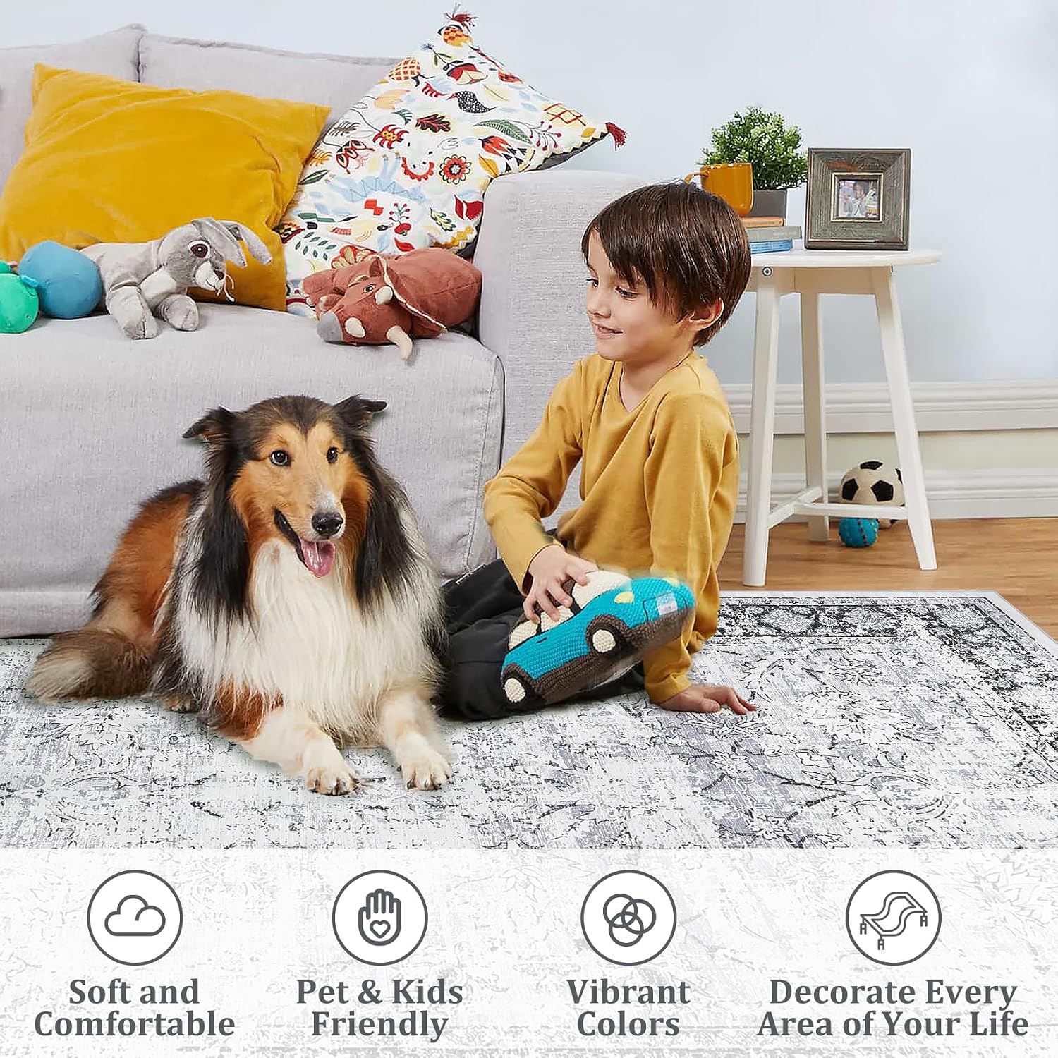 GarveeHome Large Area Rug 10x13 Washable Rugs for Living Room Vintage Distressed Rug for Bedroom Non Slip Low Pile Carpet Soft Rugs for Home Decor, Grey