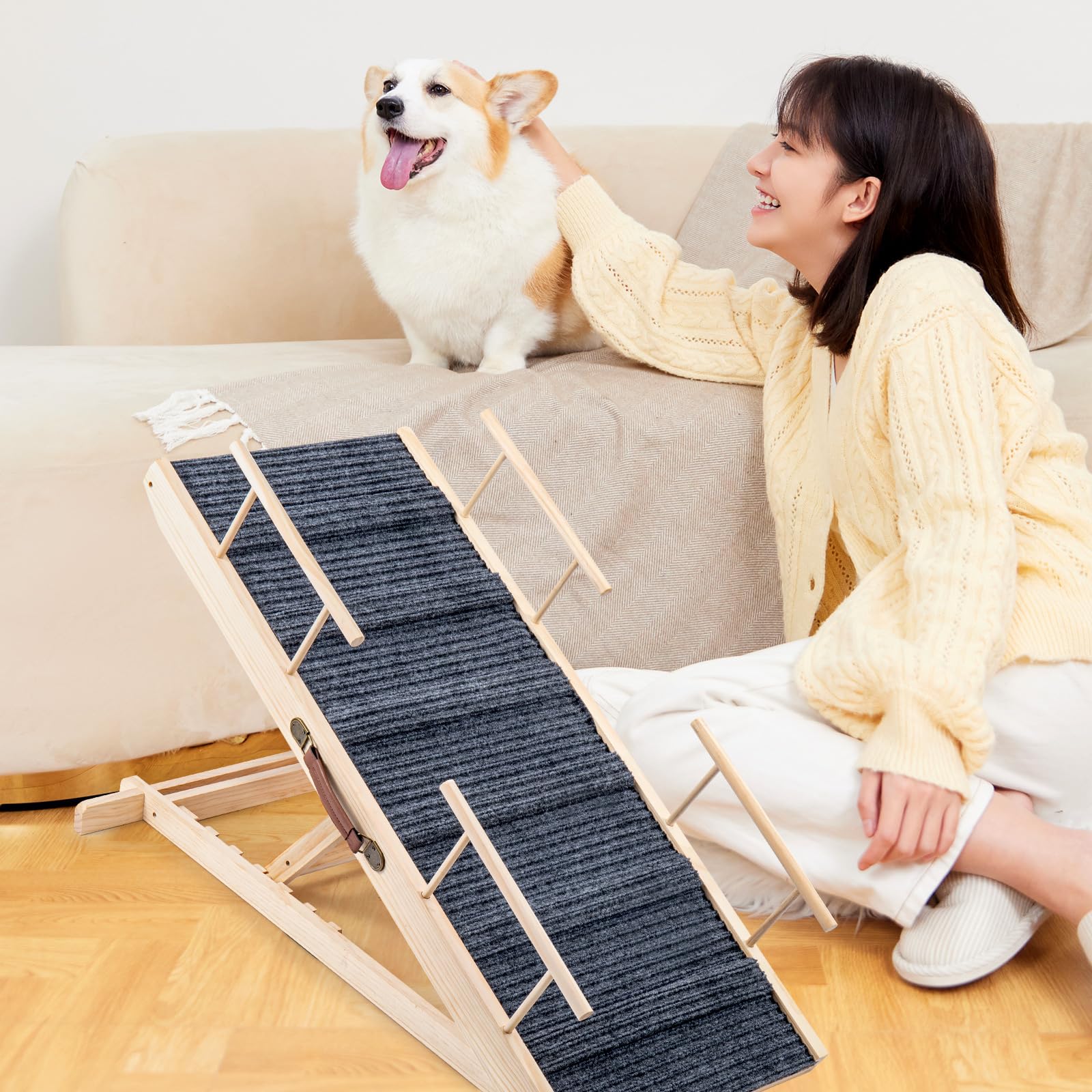 Trintion Hunderampe Klappbare Hunderampe aus Holz HöHenverstellbar 30-60cm rutschfeste Haustiertreppe Für Hunde Und Katzen Hunderampe Klappbar HöHenverstellbare Haustiertreppe rutschfeste Rampe