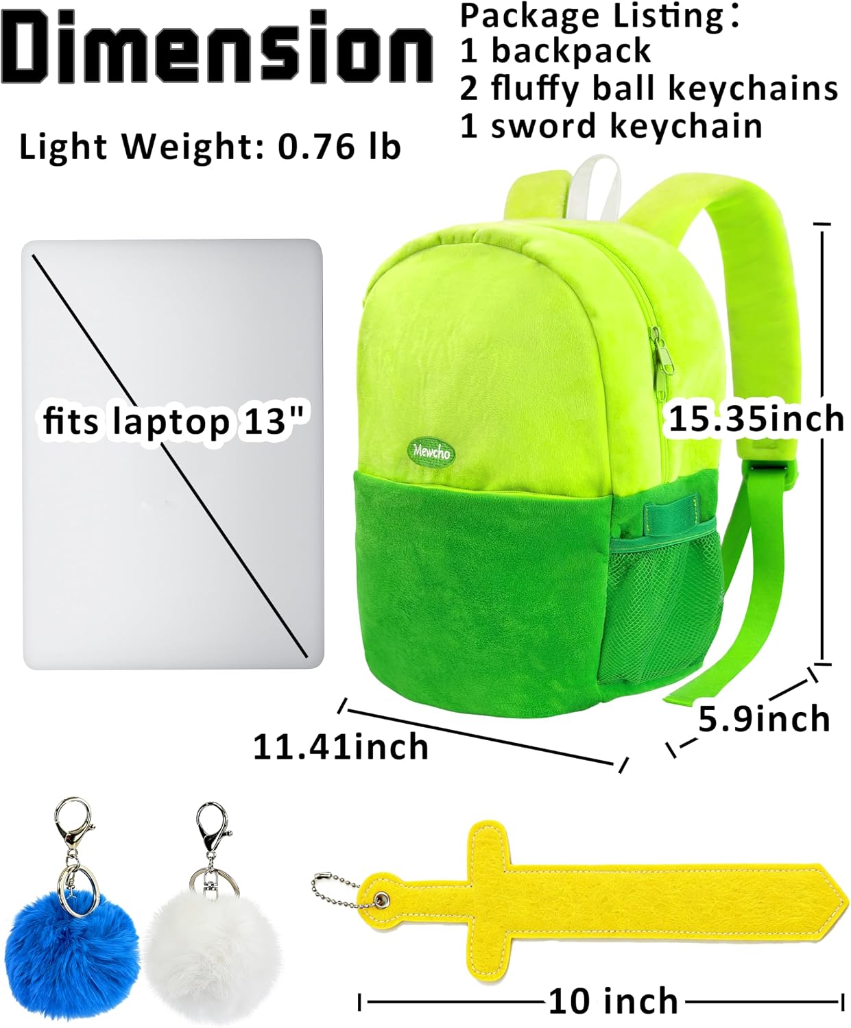 Green Backpack 15.35” for the Human Costume, Cartoon Green Bag Merch Gifts Character Cosplay Accessories for Adults