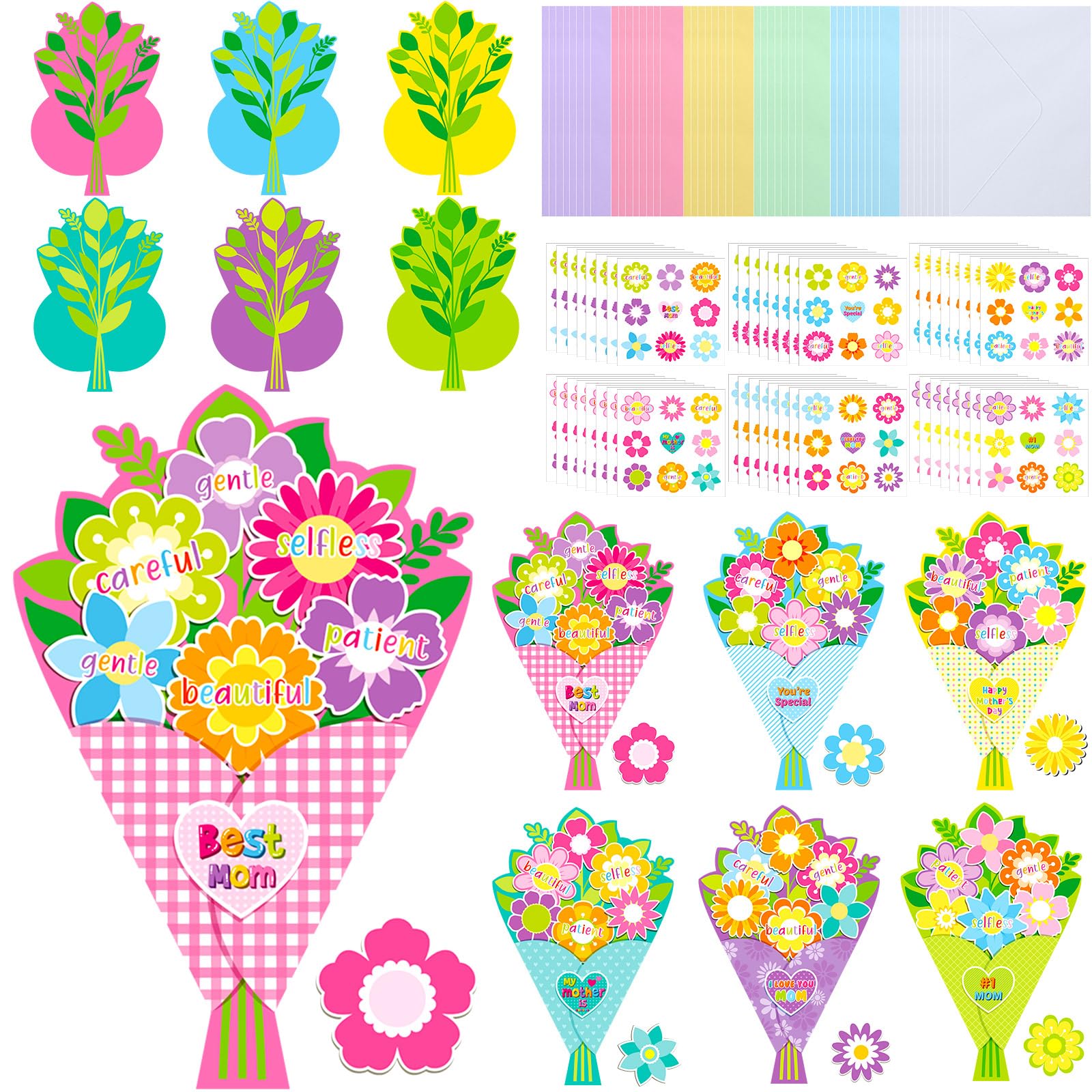 Pasimy 48 Sets Mother's Day DIY Crafts Kit Bouquet Greeting Cards Envelopes I Love You Mom Flowers Stickers for Preschool Primary School Kids Classroom Happy Mother's Day Make Your Own Crafts Gifts