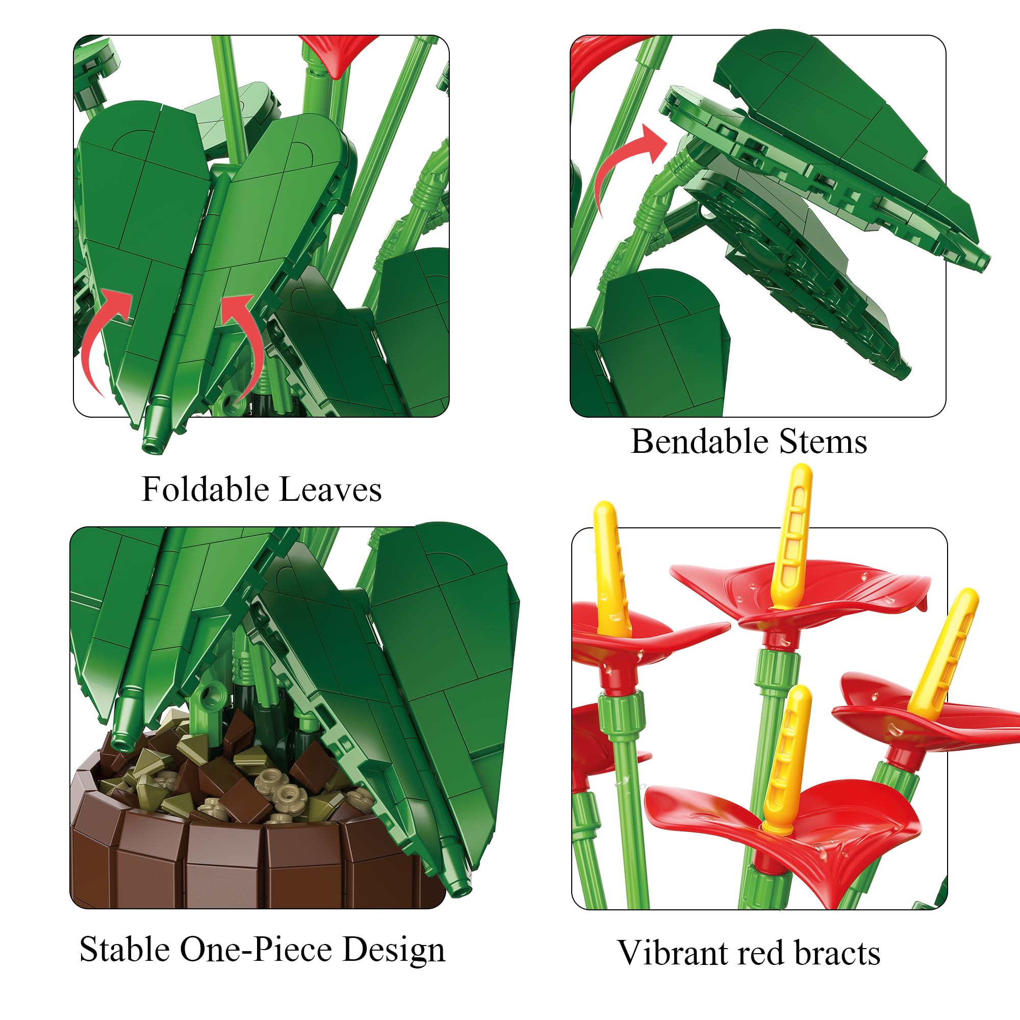 Mavo Brix Set di Costruzione Anthurium con Anturi Rossi e Vaso per Adulti, Compatibile con la Collezione Lego Botanicals, Deliziosa Decorazione in Vaso, Regalo Creativo a Tema Floreale, dai 14 Anni