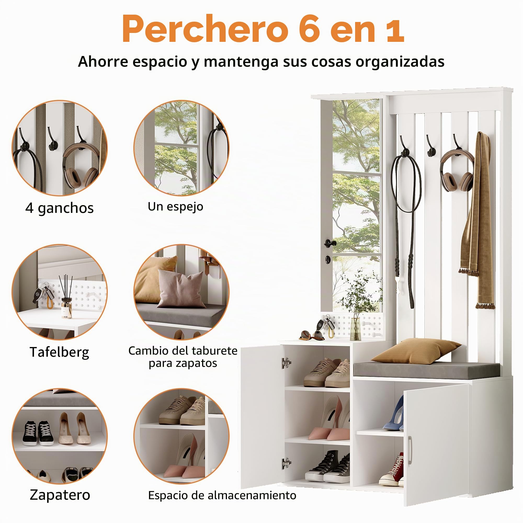 Juego De Perchero Con Zapatero Y Banco, Perchero Blanco Para Pasillo, Armario Con Espejo, 4 Ganchos, 100 X 40 X 180 Cm (Forma 03)