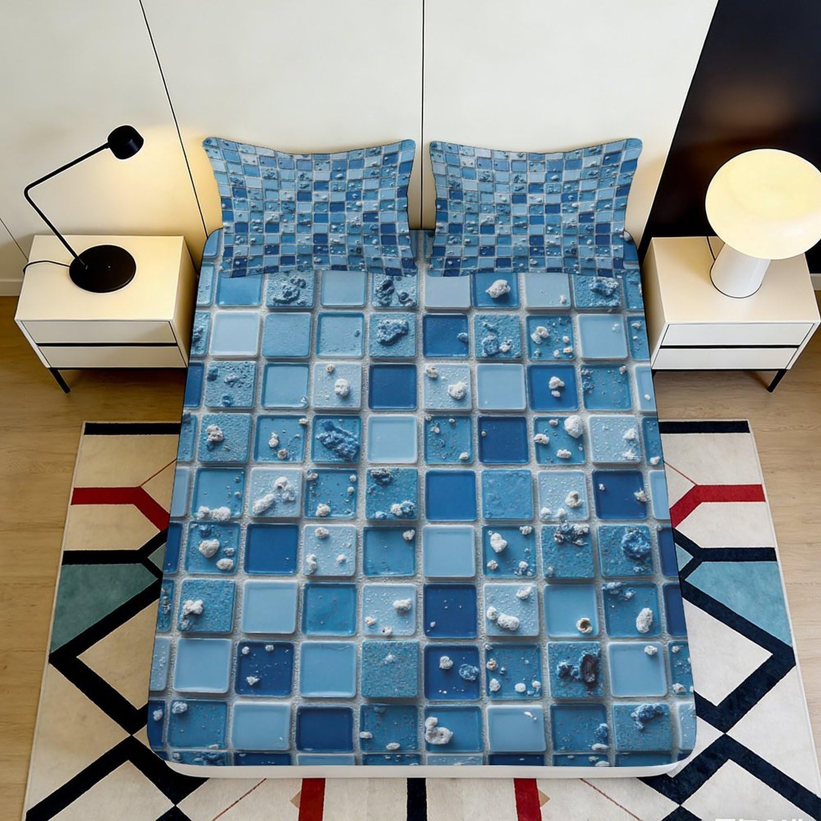 3D Printed Blue Mosaic Tiles Fitted Sheet Microfiber Soft Bedroom Decor Ocean Pattern Mattress Cover for Home Dorm 160x200x25cm