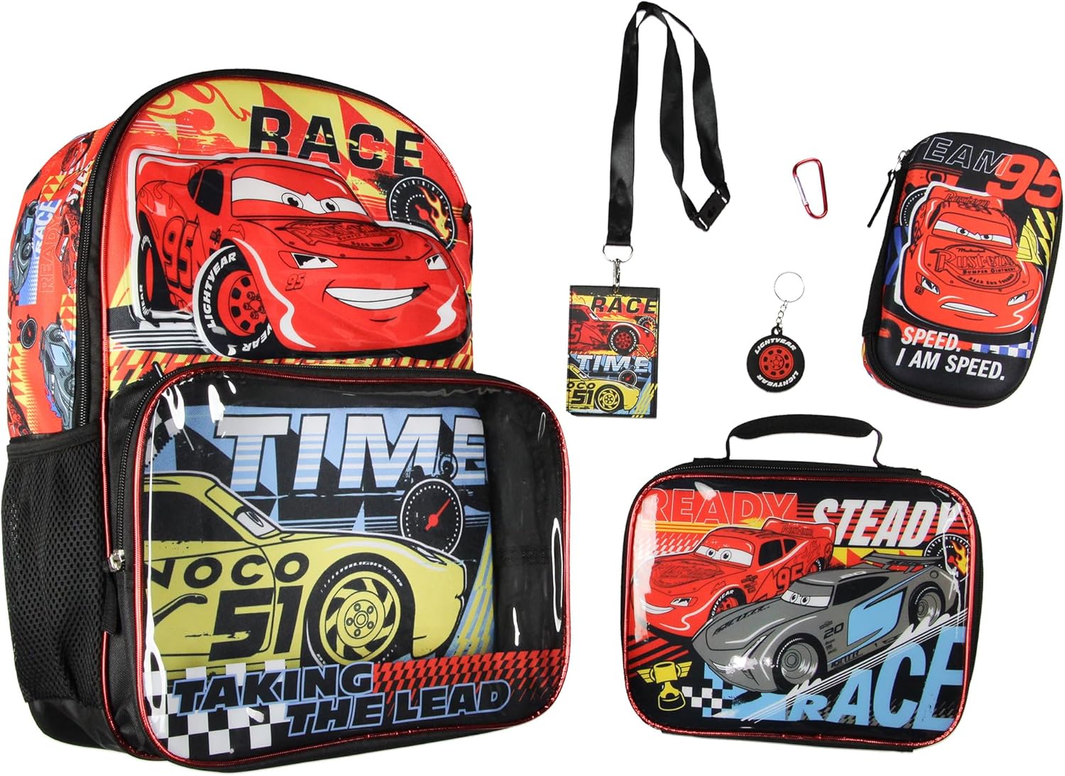 Disney Cars Taking The Lead Lightning McQueen Jackson Strom 17" Backpack Lunch Box 5pc Set