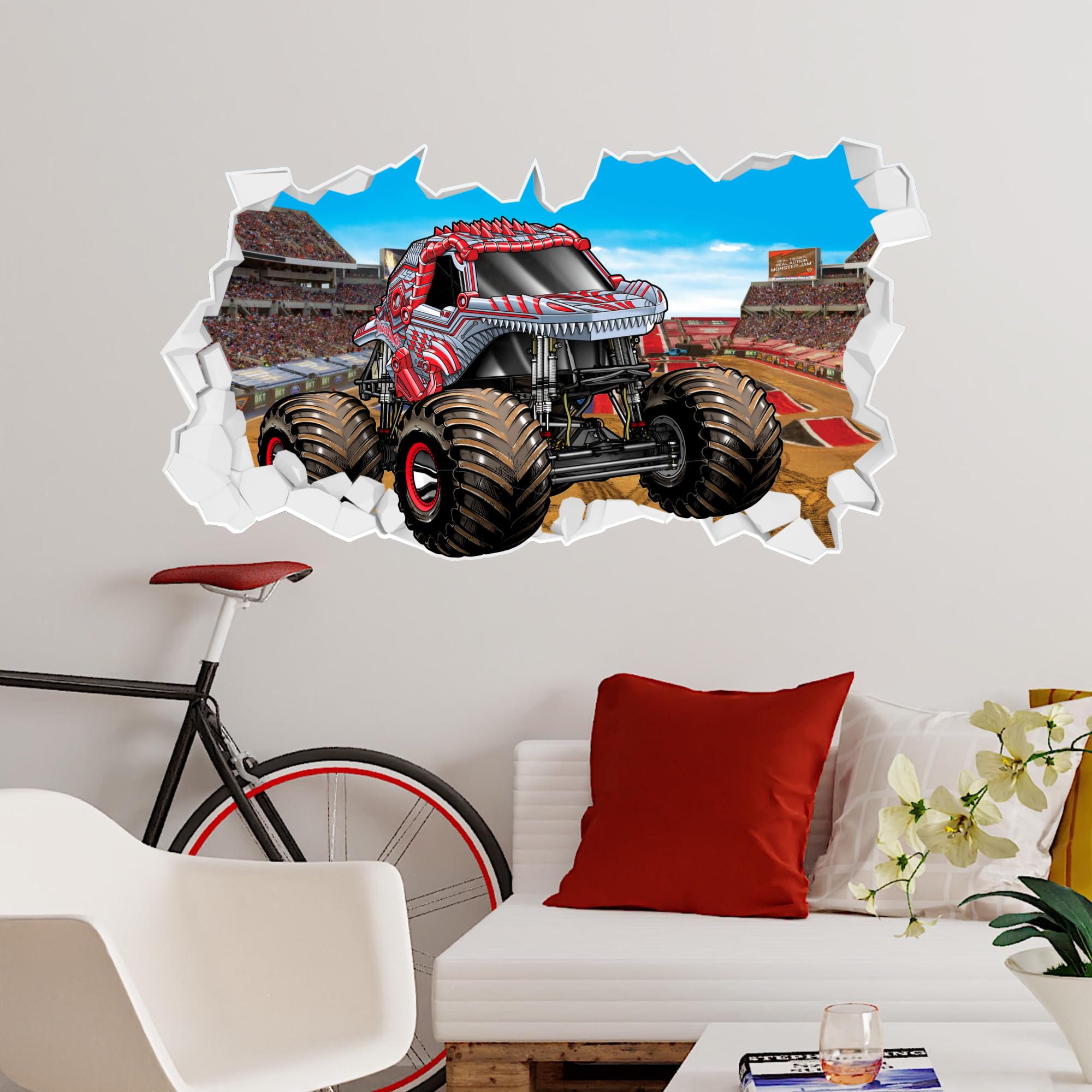 Themed Black Monster Jam Wall Sticker - Thunderroarus Driving Through Broken Wall Decal Art (90Cm Width X 50Cm Height)