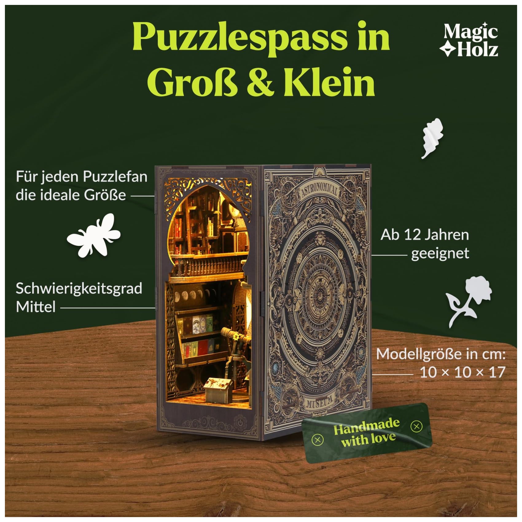 MaHo MagicHolz – Book Nook Astronomie Museum – DIY Book Nook Kit aus Holz – Booknook Diorama Miniatur Bausatz mit LED Lampe – 3D Puzzle Bücherregal Deko & DIY Buchstütze basteln
