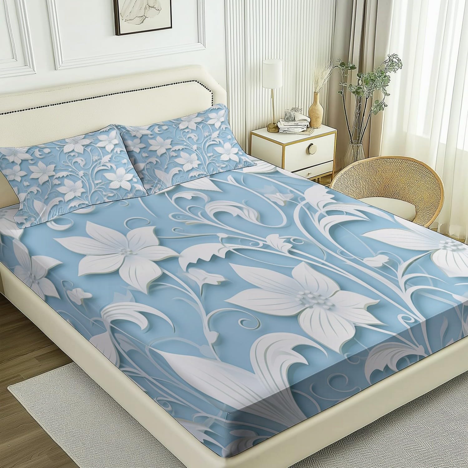 Drap Housse 140 x 190 cm - Minimal Élégant Floral Vignes Thème Drap-Housse en Microfibre avec Coins Élastiqués, Bleu Clair Respirant Draps-Housses pour Matelas de 30 cm Haut