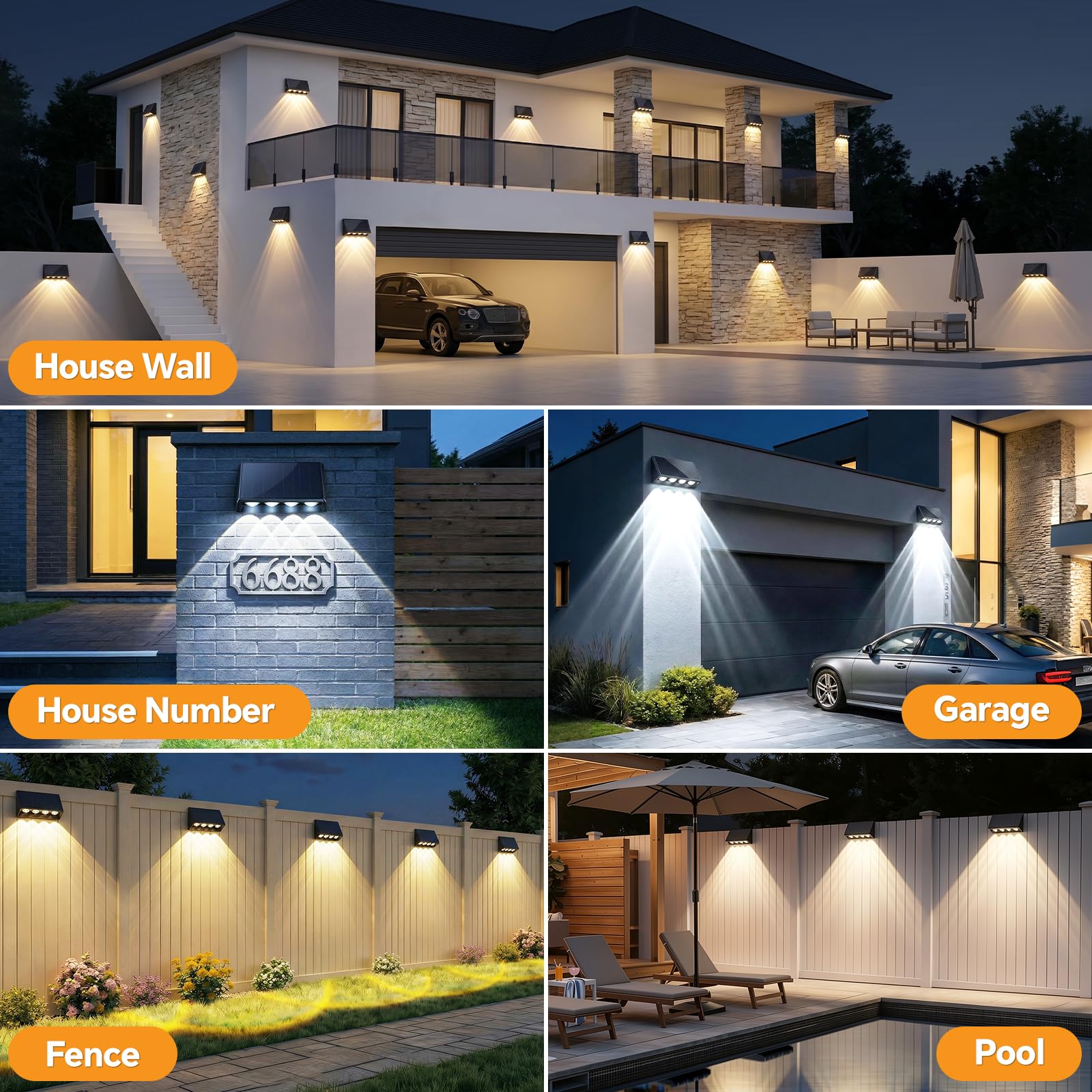 Luci solari per recinzioni da esterno, 4 LED più grandi e più luminose con 3 modalità, lampade solari impermeabili IP65 per esterni, terrazzo, cortile