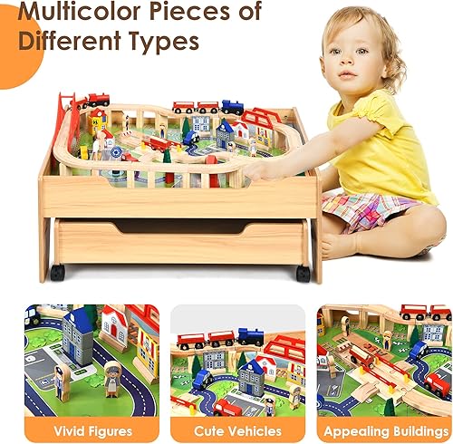 Miniatura 3 de HONEY JOY Mesa de tren mesa de actividades de madera para niños con cajón de almacenamiento 100 piezas multicolor pistas trenes autos juego de mesa