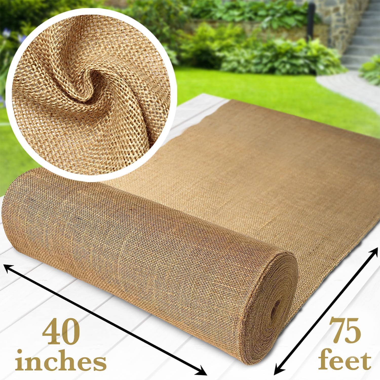 40" x75 Feet Gardening Burlap Fabric Roll - Burlap Tree Wrap, Weed Barrier, Erosion Control, Aisle Runner, Multipurpose Natural Jute Fabric, High Density Material