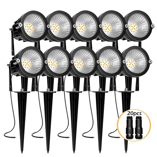 Low Voltage Landscape Lighting: 10W 1000LM LED Landscape Lights Outdoor 2700K Warm White Spotlights with IP65 Waterproof for Yard Garden | 10 Pack of 12V/24V Low Voltage Lights with Connectors