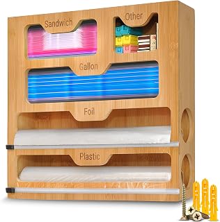 Plastic Wrap Dispenser with Cutter, 5 in 1 Bamboo Foil and Plastic Wrap Organizer for Kitchen Drawer or Wall, Ziplock Bag Organizer for Gallon, Quart, Sandwich, Snack sizes