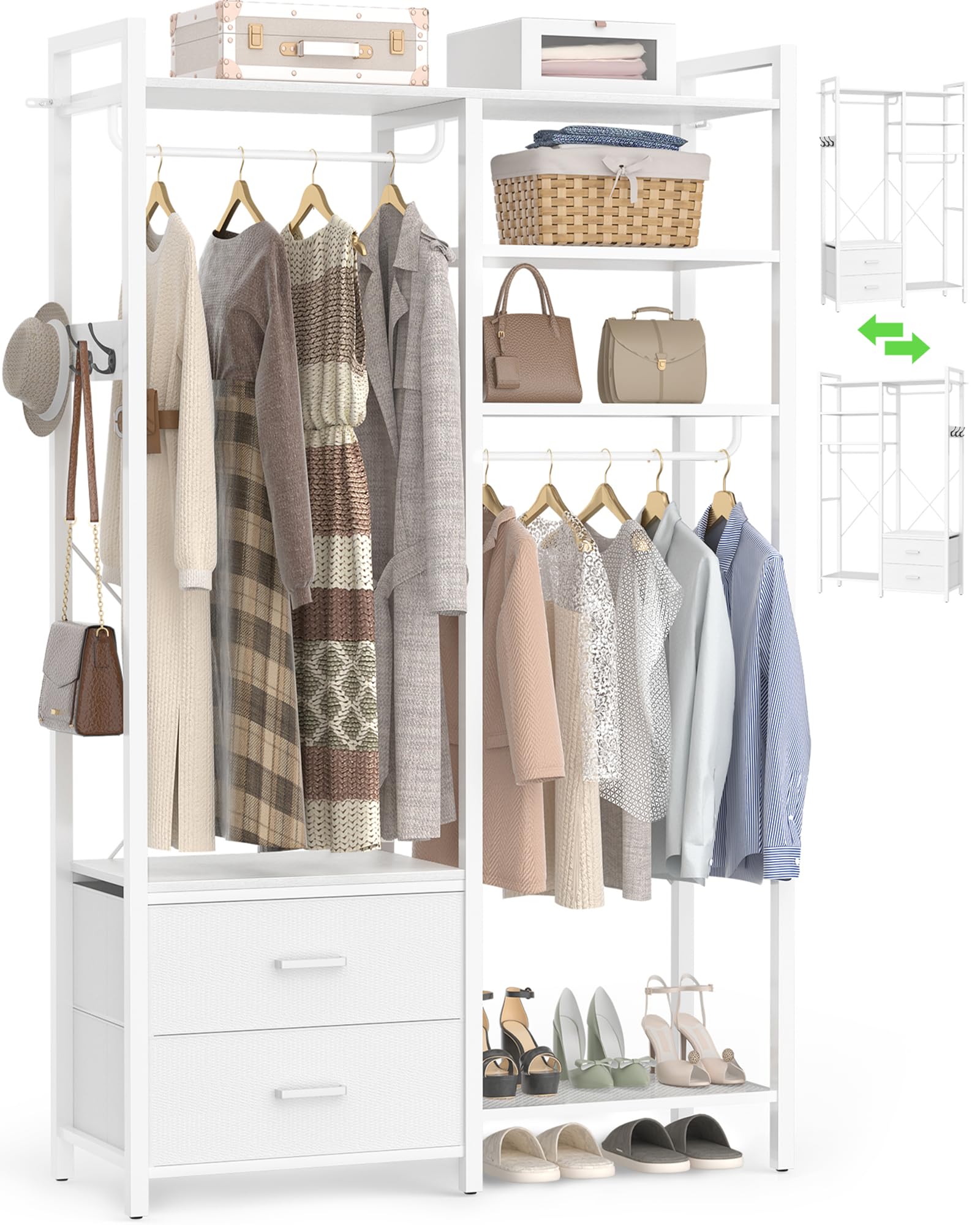 78 7 Clothes Rack for Hanging Clothes - Reversible Clothing Rack with 2 Drawers Heavy Duty Garment Racks